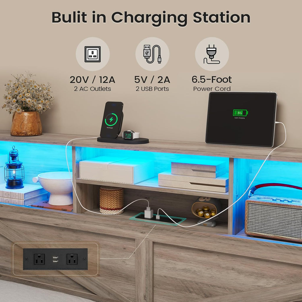 AOGLLATI Farmhouse Full Size Bed Frame with 4 Storage Drawers and Charging Station, Wooden Full Bed Frame with Hidden Space Bookcase Headboard and Led Lights & Metal Slats, Gray