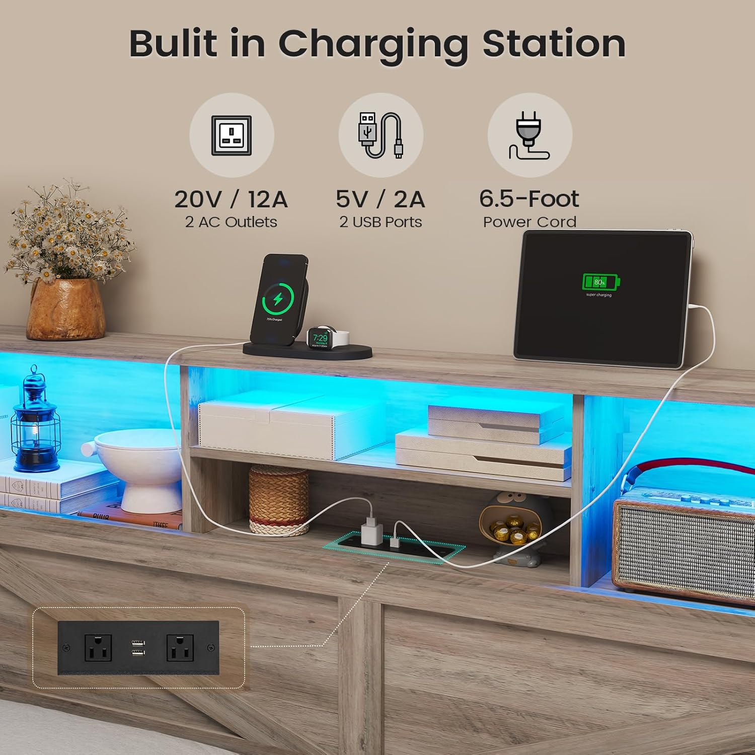 AOGLLATI Farmhouse Full Size Bed Frame with 4 Storage Drawers and Charging Station, Wooden Full Bed Frame with Hidden Space Bookcase Headboard and Led Lights & Metal Slats, Gray