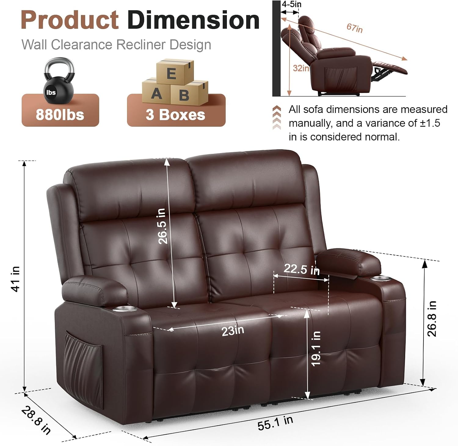 Loveseat Recliner, Oversized Reclining Loveseat, Massage Reclining Sofa With USB & Type C Port & Storage & Cup Holders, Recliner Couch, RV Wall Hugger Recliners Loveseat for Living Room & RV Camper