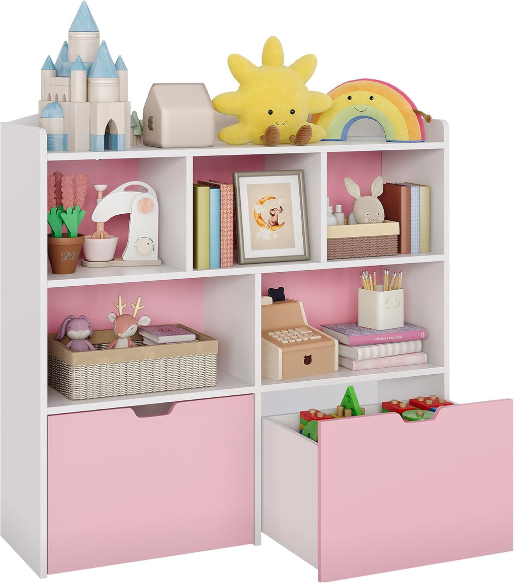 IDEALHOUSE Toy Storage Organizer with Movable Drawers, Kids Bookshelf with Hidden Wheels and 5 Open Cubbies, Multifunctional Storage Cabinet Chest for Playroom