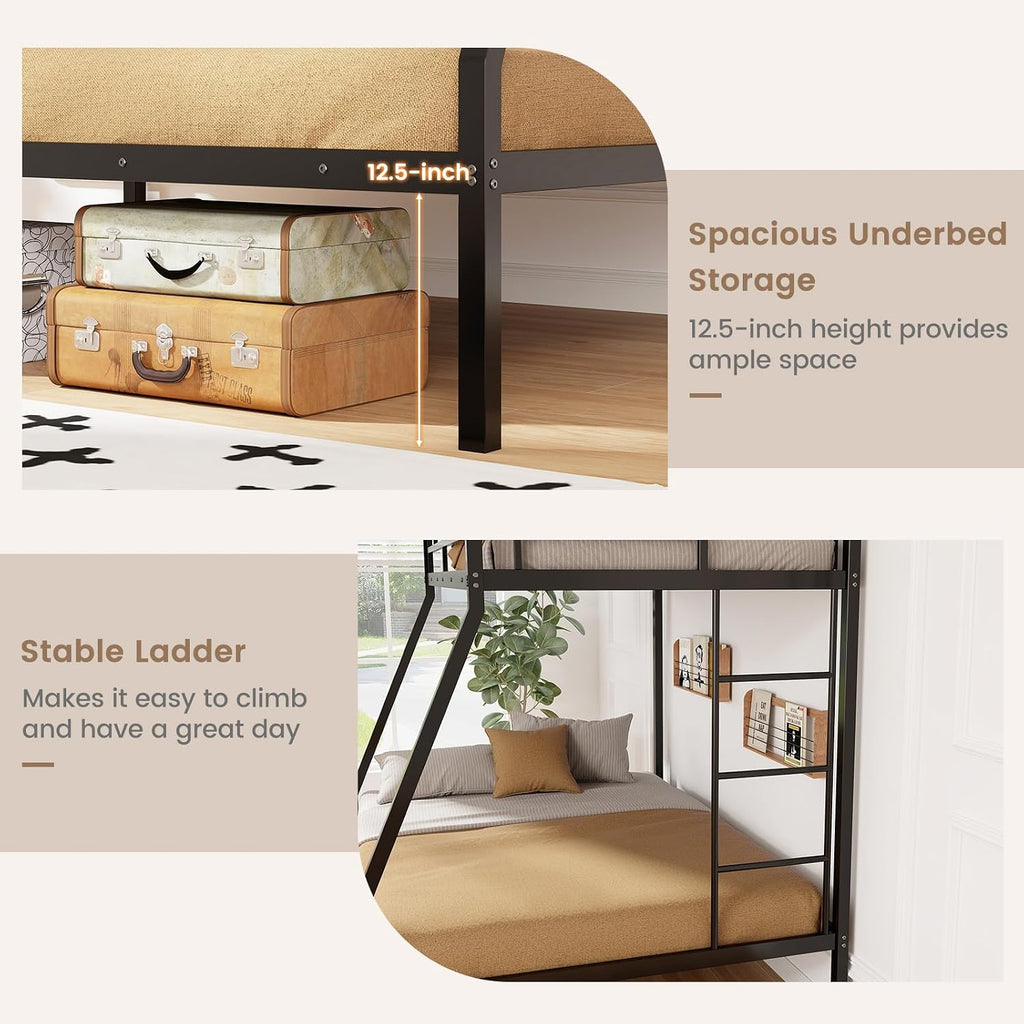 DORTALA Twin Over Full Bunk Bed, Metal Bunk Bed Frame w/Ladder, Safety Rail & Steel Slats, Space-Saving Bunk Beds for Kids Teens Adults, Noise Free for Dorm Bedroom, No Box Spring Needed, Black