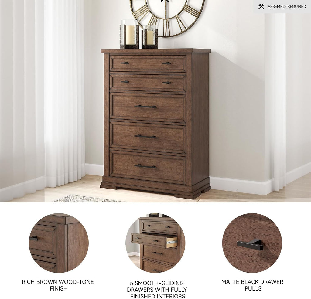 Signature Design by Ashley Taffenbrook Farmhouse 5-Drawer Chest with Felt-Lined Top Drawer and Easy Glide for Bedroom, Dark Brown