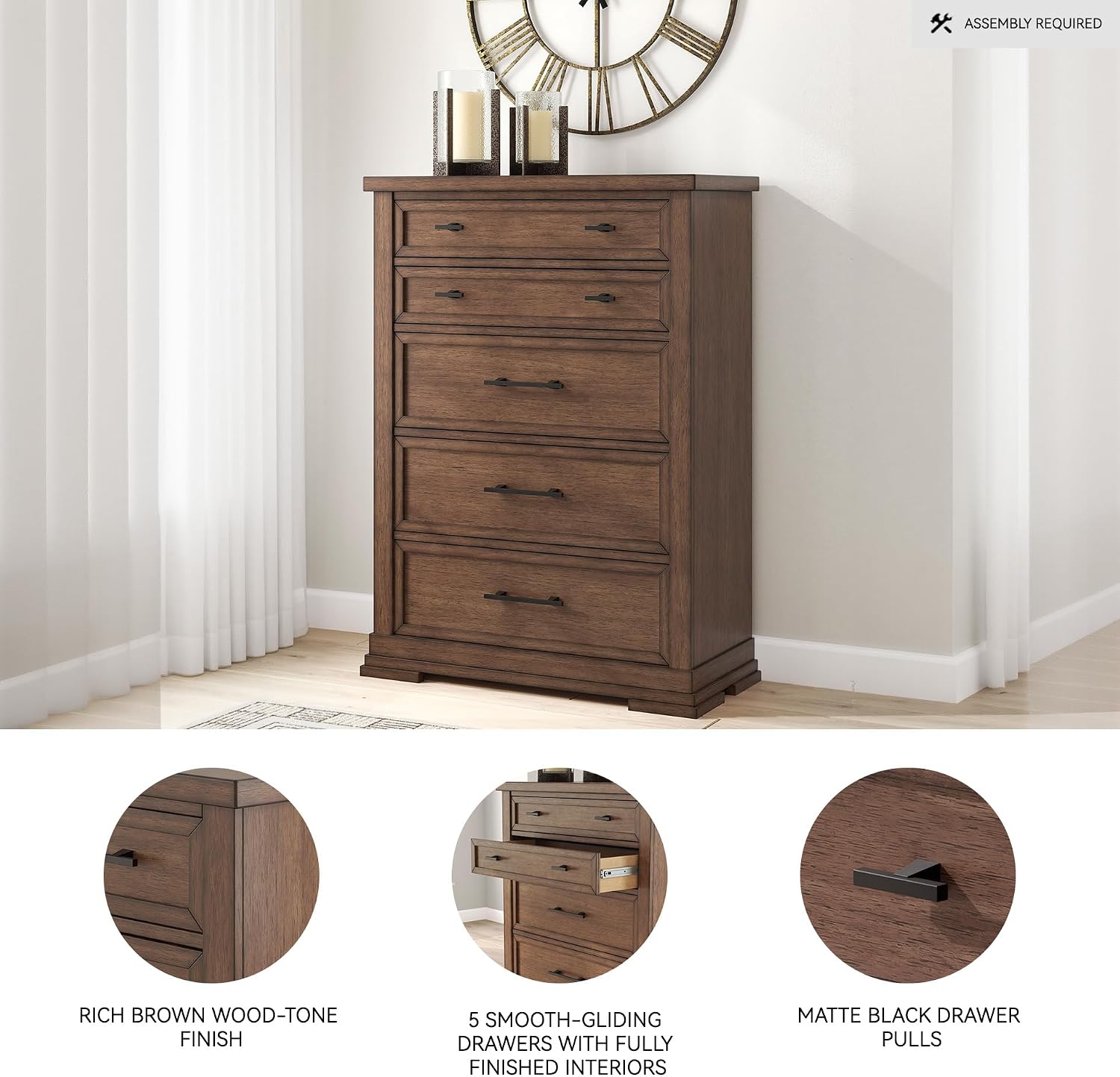 Signature Design by Ashley Taffenbrook Farmhouse 5-Drawer Chest with Felt-Lined Top Drawer and Easy Glide for Bedroom, Dark Brown