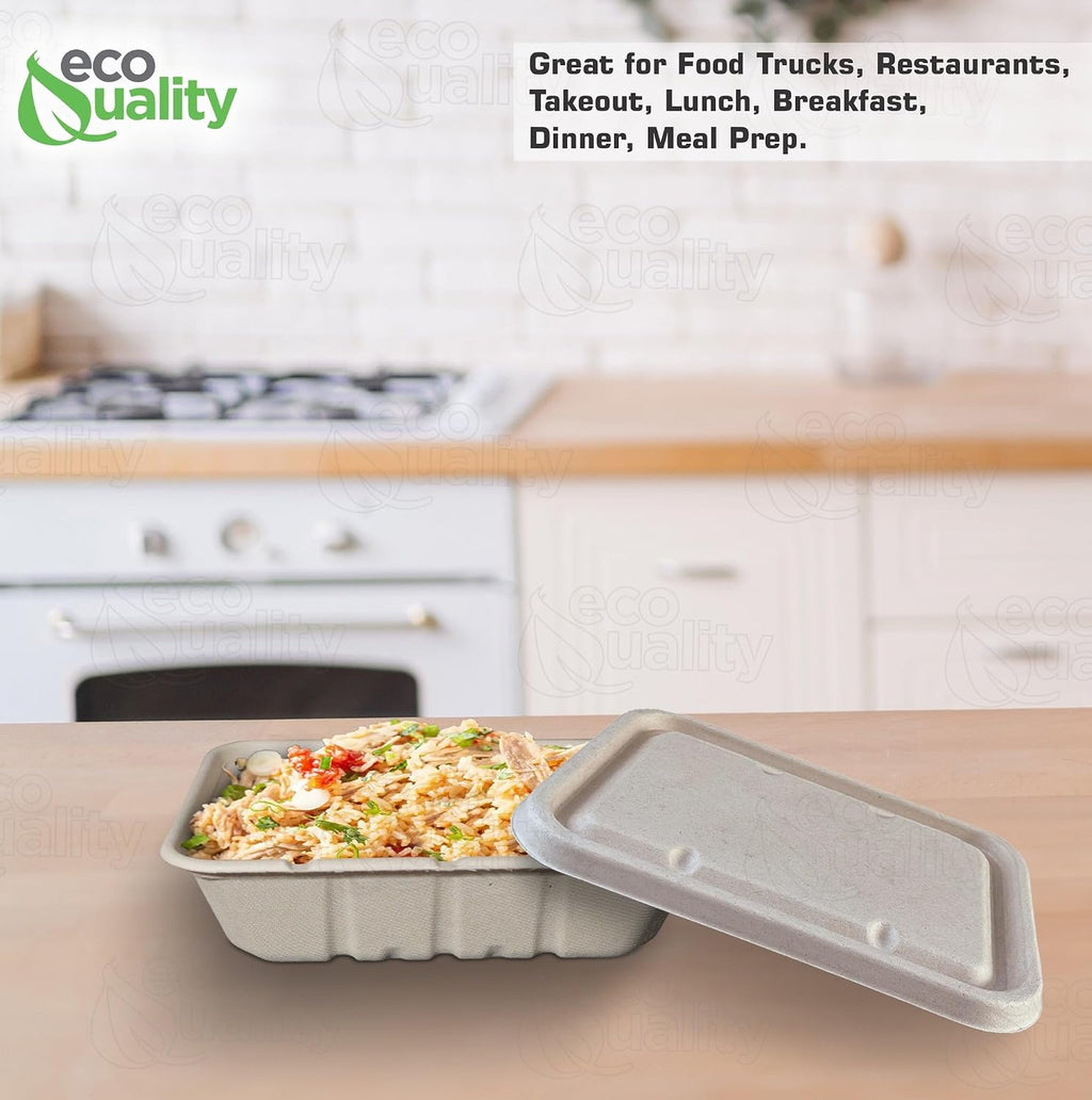 EcoQuality 40oz Disposable Bowls with Fiber Lids - Rectangular Compostable Sugarcane Fiber Biodegradable Paper Bowls Eco-Friendly Take Out Food Storage Containers, Microwave Safe, Meal Prep (200 PCK)