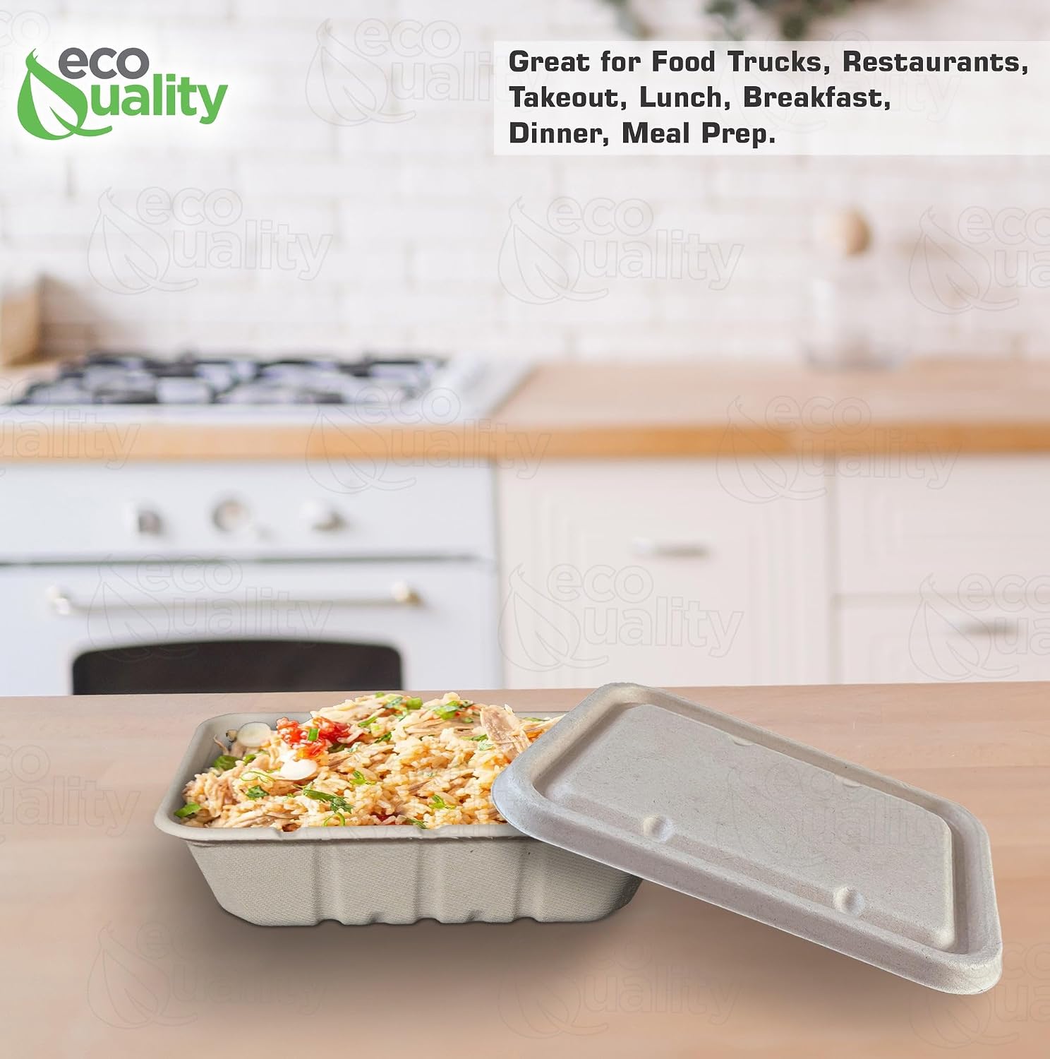 EcoQuality 40oz Disposable Bowls with Fiber Lids - Rectangular Compostable Sugarcane Fiber Biodegradable Paper Bowls Eco-Friendly Take Out Food Storage Containers, Microwave Safe, Meal Prep (400 PACK)
