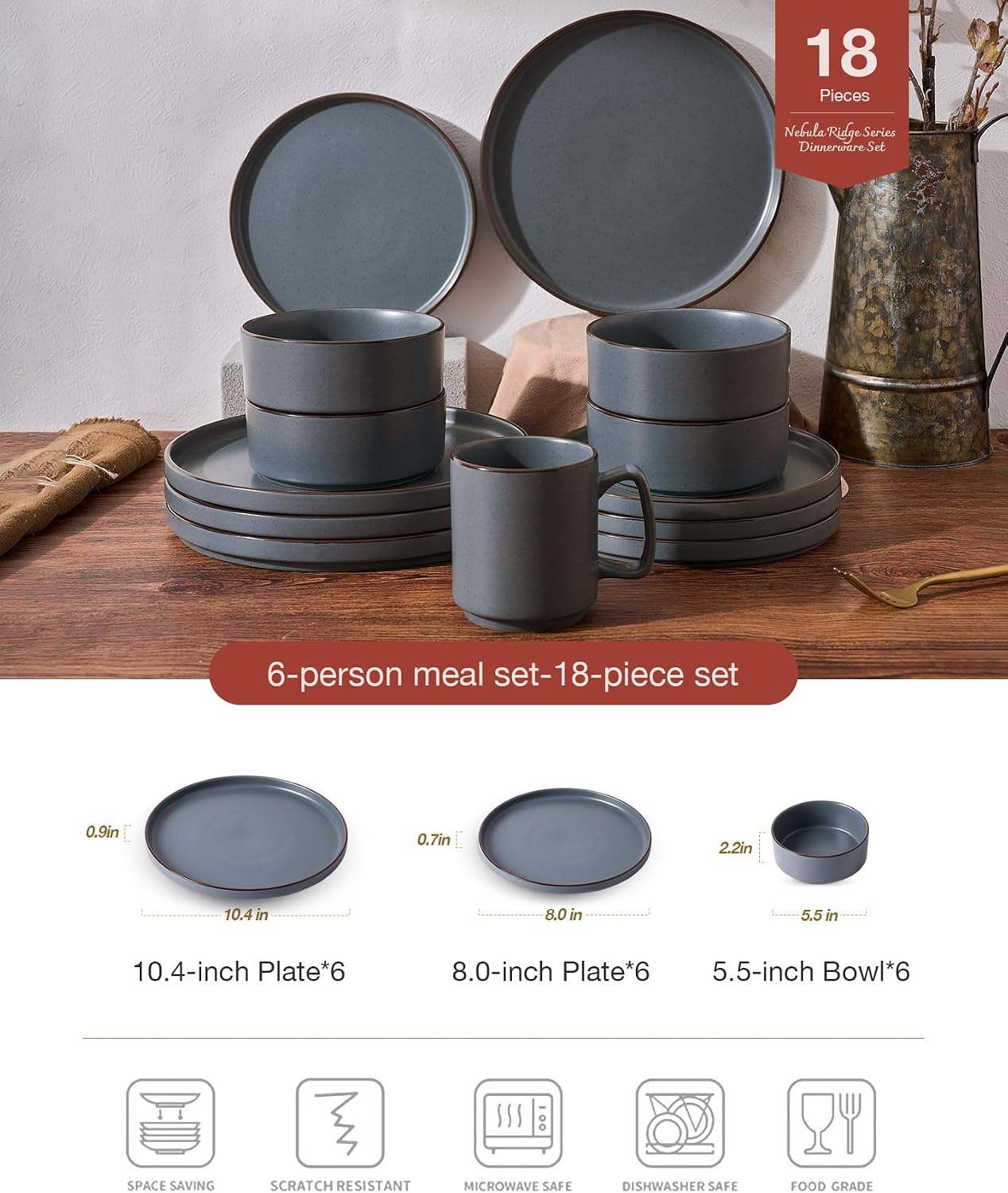 Famiware Nebula Ridge Stoneware Dinnerware Sets for 6, Plates and Bowls Sets, 18 Pieces Dishes Set, Microwave and Dishwasher Safe Kitchen Plates, Charcoal