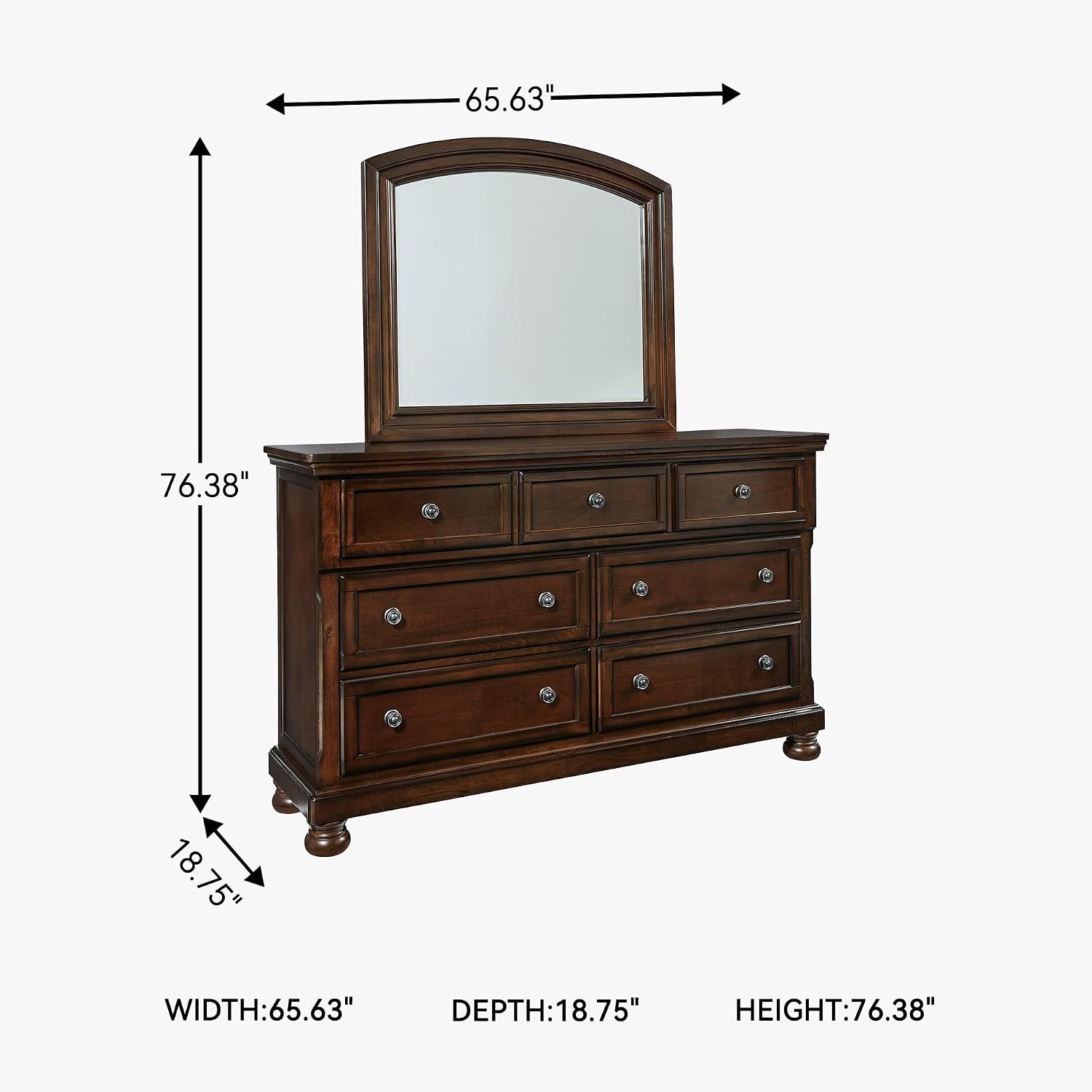 Signature Design by Ashley Porter Traditional Smooth-Gliding 7-Drawer Dresser and Mirror with Safety Stop, Felt-Lined Top Drawers and Pull-Out Tray, Dark Brown