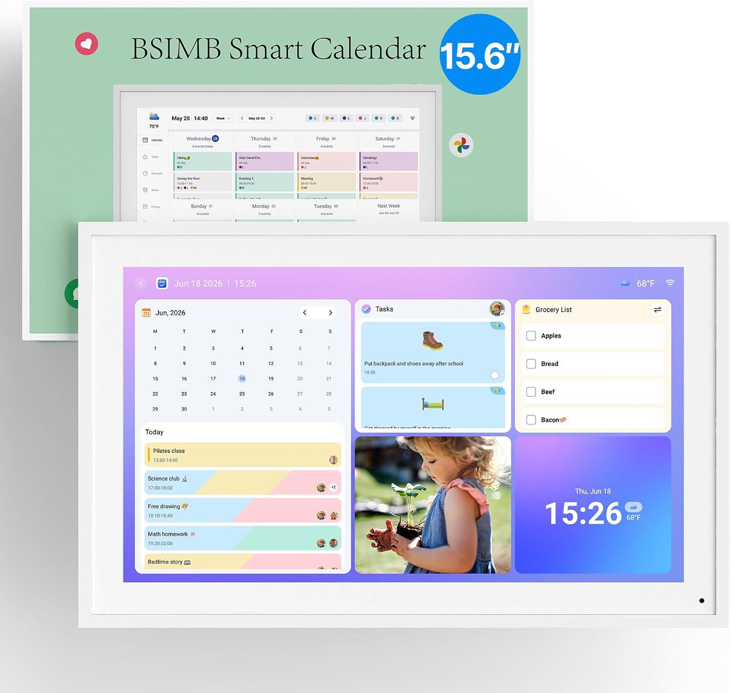 BSIMB 15.6 Inch Digital Calendar - Chore Chart, Meal Planner, Rewards System, Photo Display, Smart Electronic Calendar Touchscreen Interactive for Family Schedules, Seamless Scheduling White