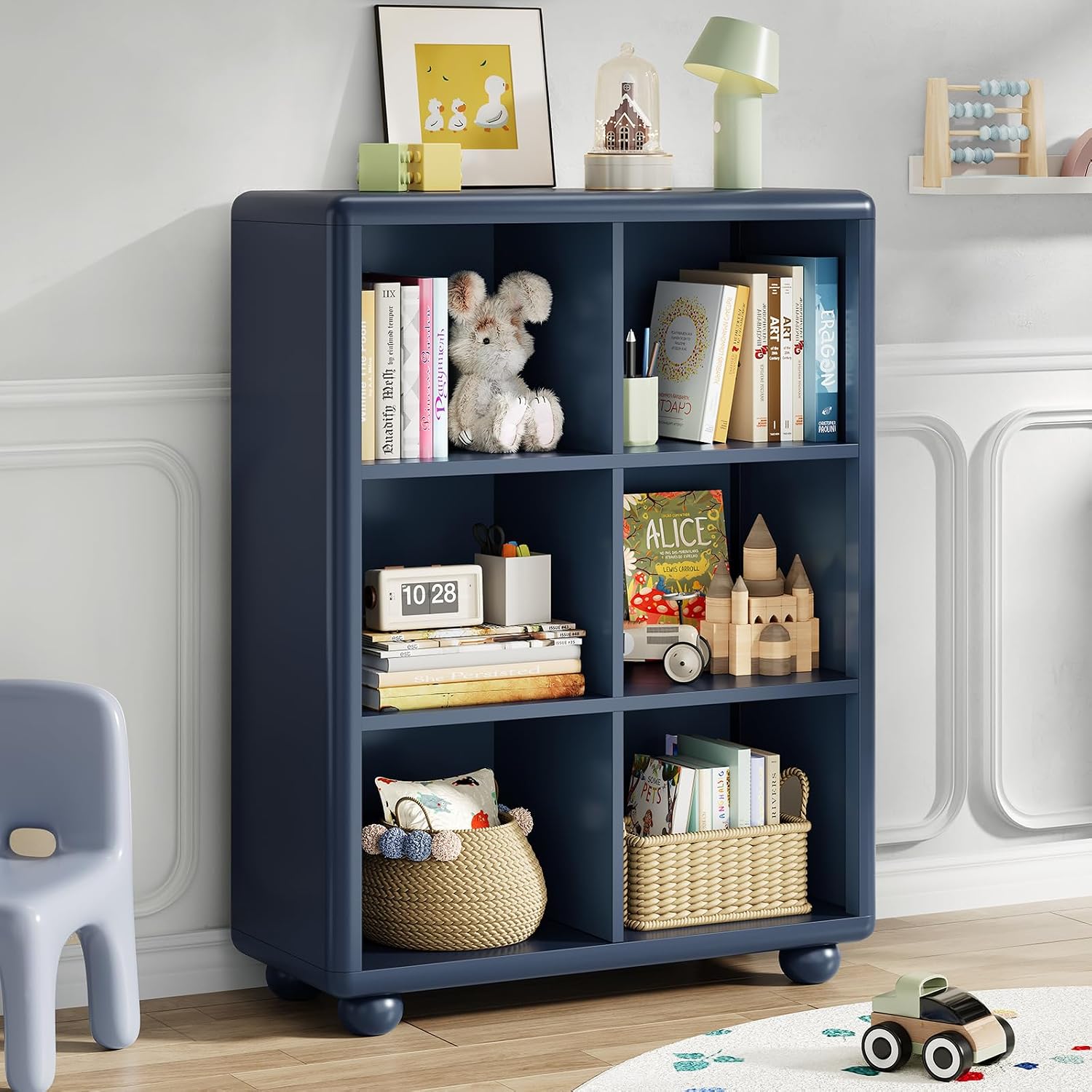 Kids Bookshelf, Large Wooden Bookcase with 6 Cube Storage, Girl Toy Storage Organizer Cabinet with Child Safe Paint&Thick Board, Boy Tall Book Shelves Nook for Office Playroom Living Room (Navy Blue)