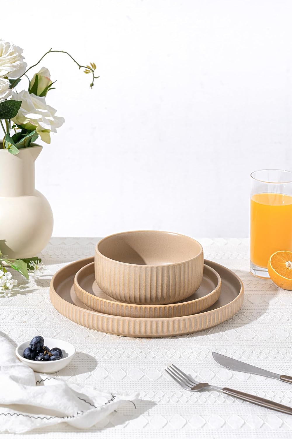 FOBENTA Handcrafted Dish Set for 8,24 Piece Rustic Brown Ceramic Plates and Bowls Set – Vintage-Inspired Dinnerware Sets for Hosting & Everyday Warmth