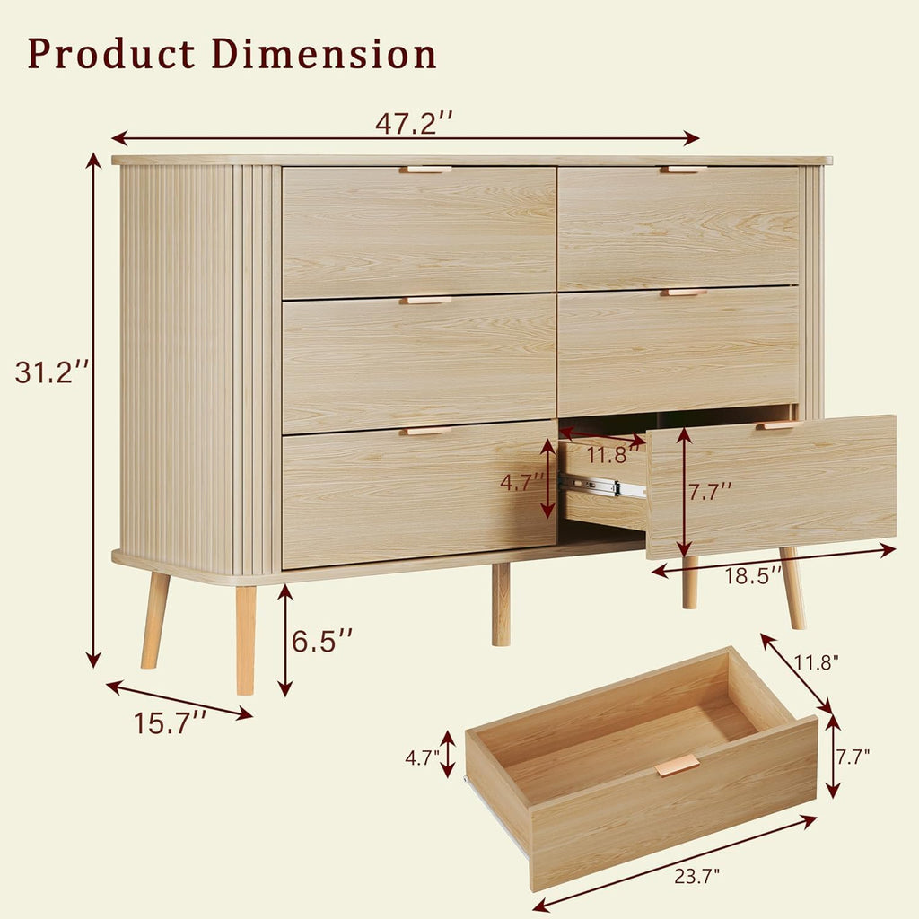 6 Drawer Dresser for Bedroom, Mid Century Modern Dresser with Curved Profile & Fluted Design, Wide Wood Chests of Drawers Storage for Bedroom, Entryway, Hallway, Oak