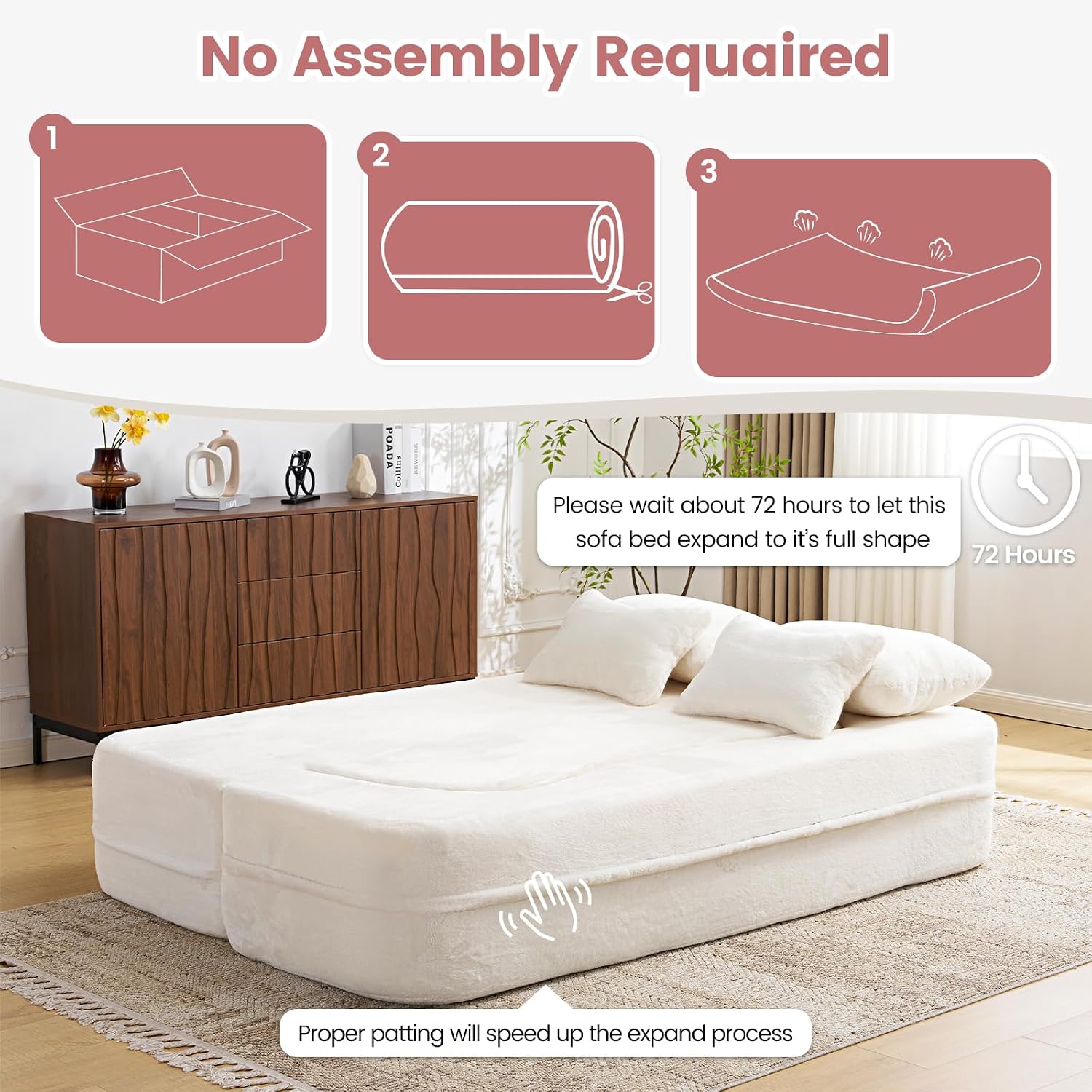 Convertible Folding Sofa Bed, 78' Full Size Loveseat Sleeper Sofa, Chenille Foldable Boneless Floor Couch with 4 Pillows for Guest Living Room Bedroom, No Assembly Required (Beige White)
