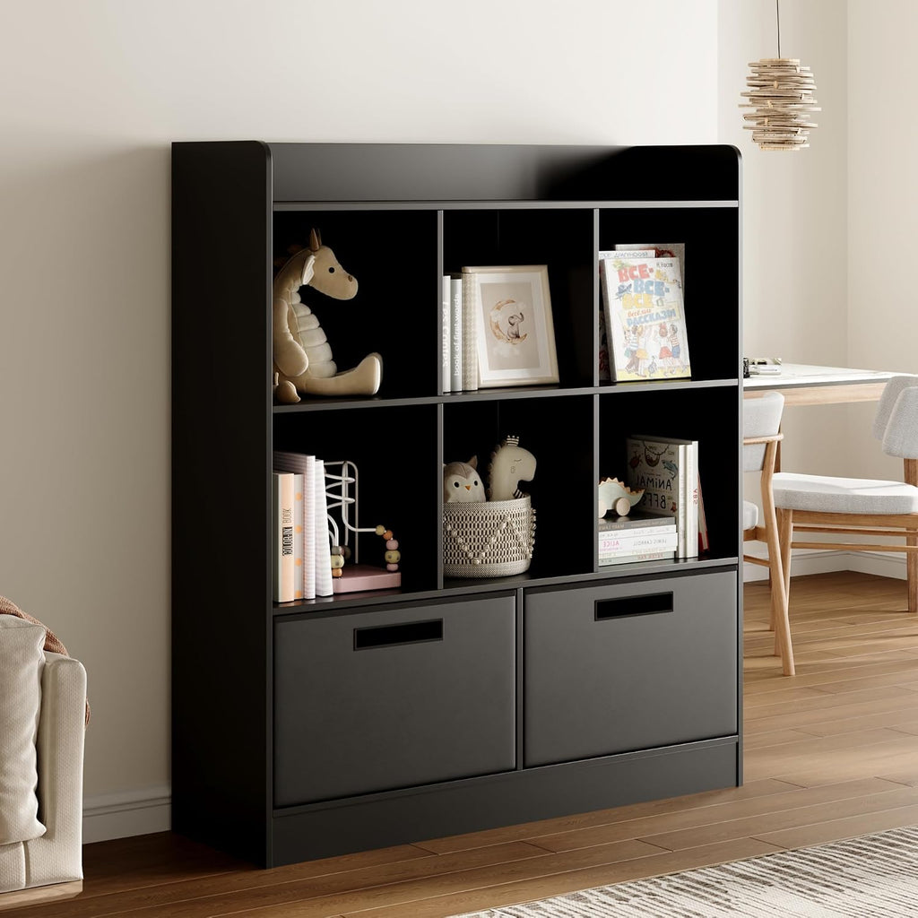 Housoul 8 Cube Kids Bookshelf with Fabric Drawers, 3-Tier Wooden Open Shelf Bookcase, Freestanding Book Shelves, Kids Bookcase Cubby Storage Organizer for Bedroom, Living Room, Office, Black