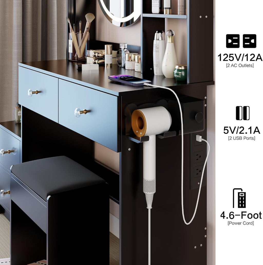 Modern Vanity Desk with Lights Detachable Full-Length Mirror Cabinet Power Outlet Makeup Dressing Table Vanity Set with Stool 4 Drawers Open Shelves for Bedroom Girl Women Vanity Gift (Black)