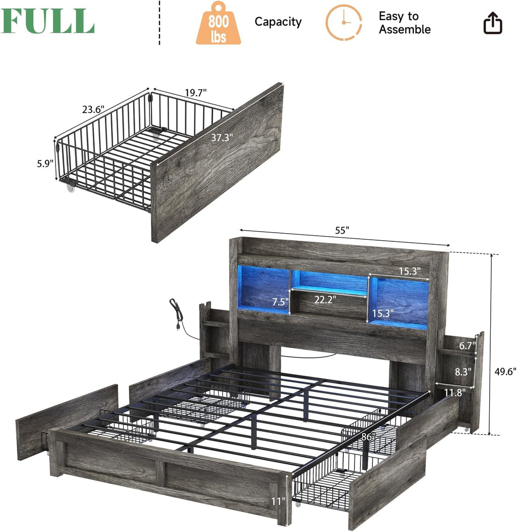 AMERLIFE Full Size Bed Frame with 4 Storage Drawers, LED Bed Frame with 49' Tall Bookcase Headboard, Wood Platform Bed with Charging Station & 2 Slide Bedside Shelf, No Box Spring Needed/Rustic Grey