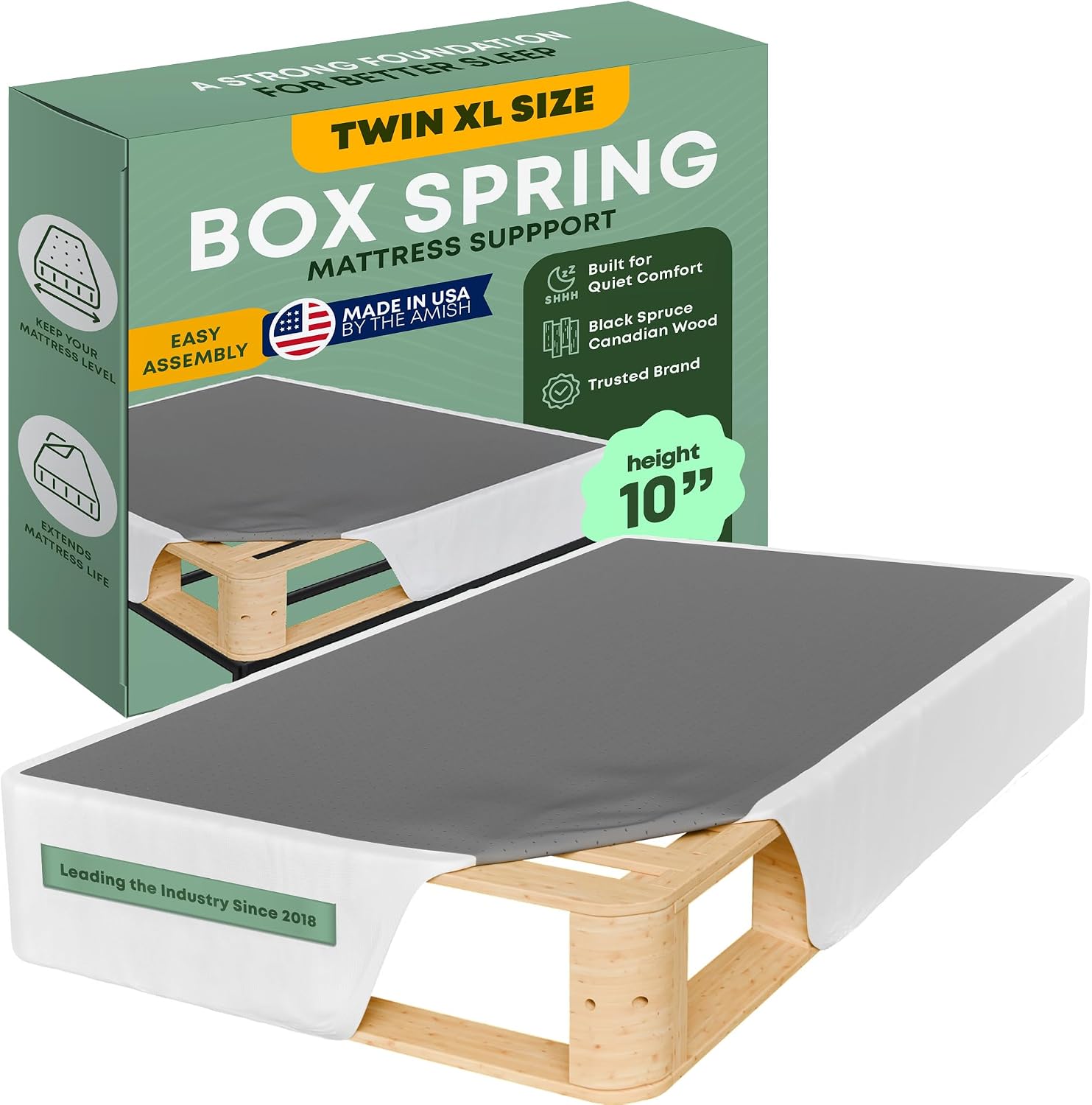 Greaton, 10' Twin XL Box Spring for Twin XL Size Bed – Amish-Made in the USA – Solid Wood Mattress Foundation with Stable & Quiet Support – Flat-Packed & Easy Assembly – White