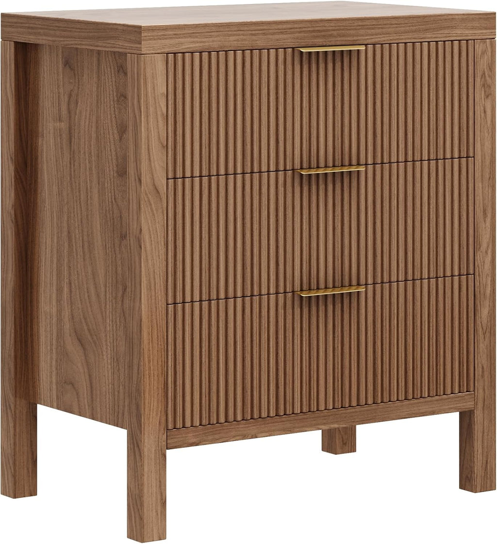 Nightstand with 3 Drawers, Dresser and Nightstand Sets, Bedside Tables, Mid Century Nightstands with 3 Wide Drawers for Bedroom, Kids' Room, Hallway - Walnut