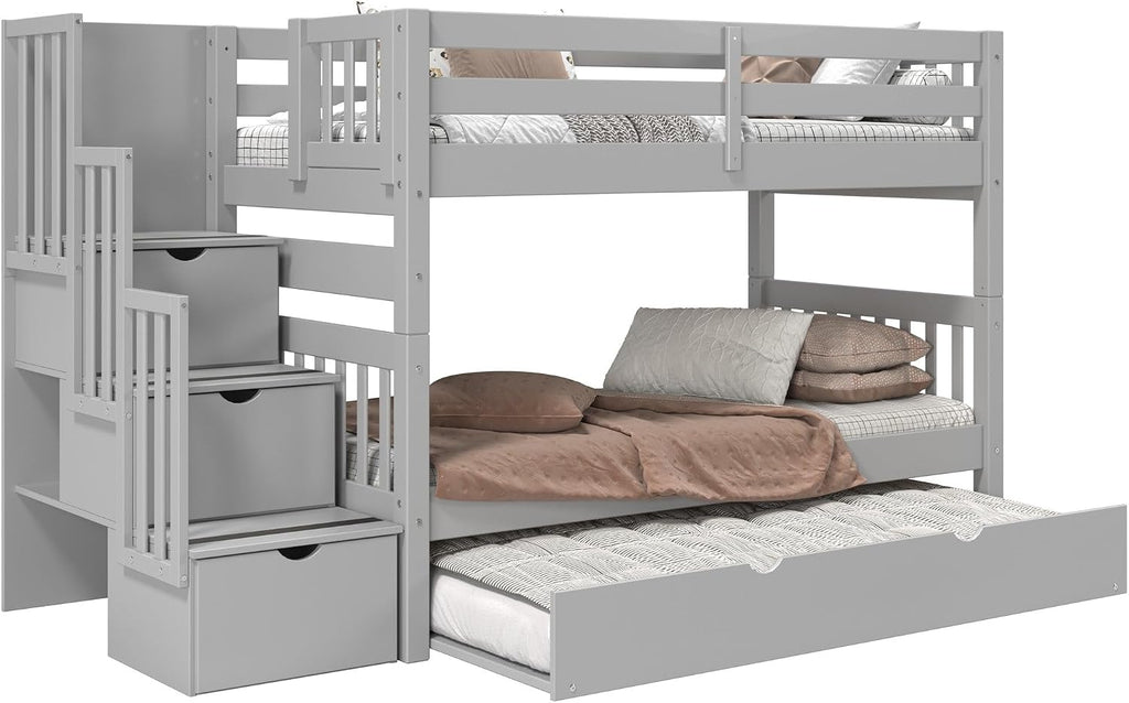 Bedz King Stairway Bunk Beds Twin Over Twin, 3 Step Drawers and a Twin Trundle, Gray
