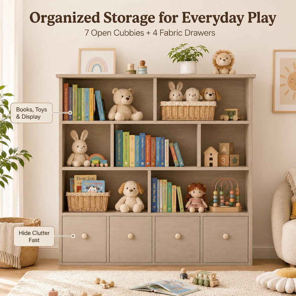 EROMMY 47' H Toy Storage Organizer and Bookcase, Toy Storage with 7 Storage Cubbies & 4 Foldable Drawers, Kids Book Shelf with Anti-tip Design, Modern Kids Furniture for Playroom, Bedroom, Natural