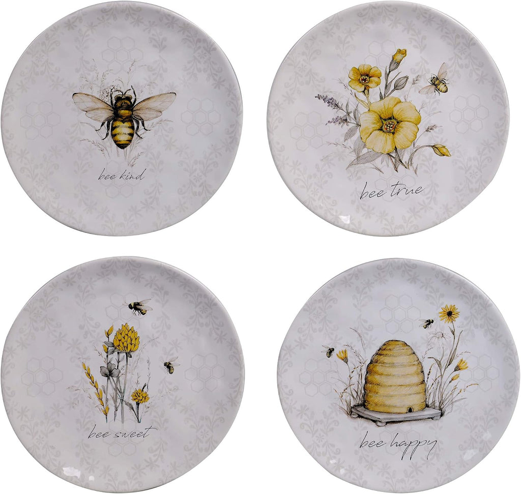 Bee Sweet 16-Piece Ceramic Dinnerware Set – Service for 4, Farmhouse Bee and Floral Design, Includes 4 Dinner Plates, 4 Salad Plates, 4 Bowls, 4 Large Mugs – Microwave & Dishwasher Safe