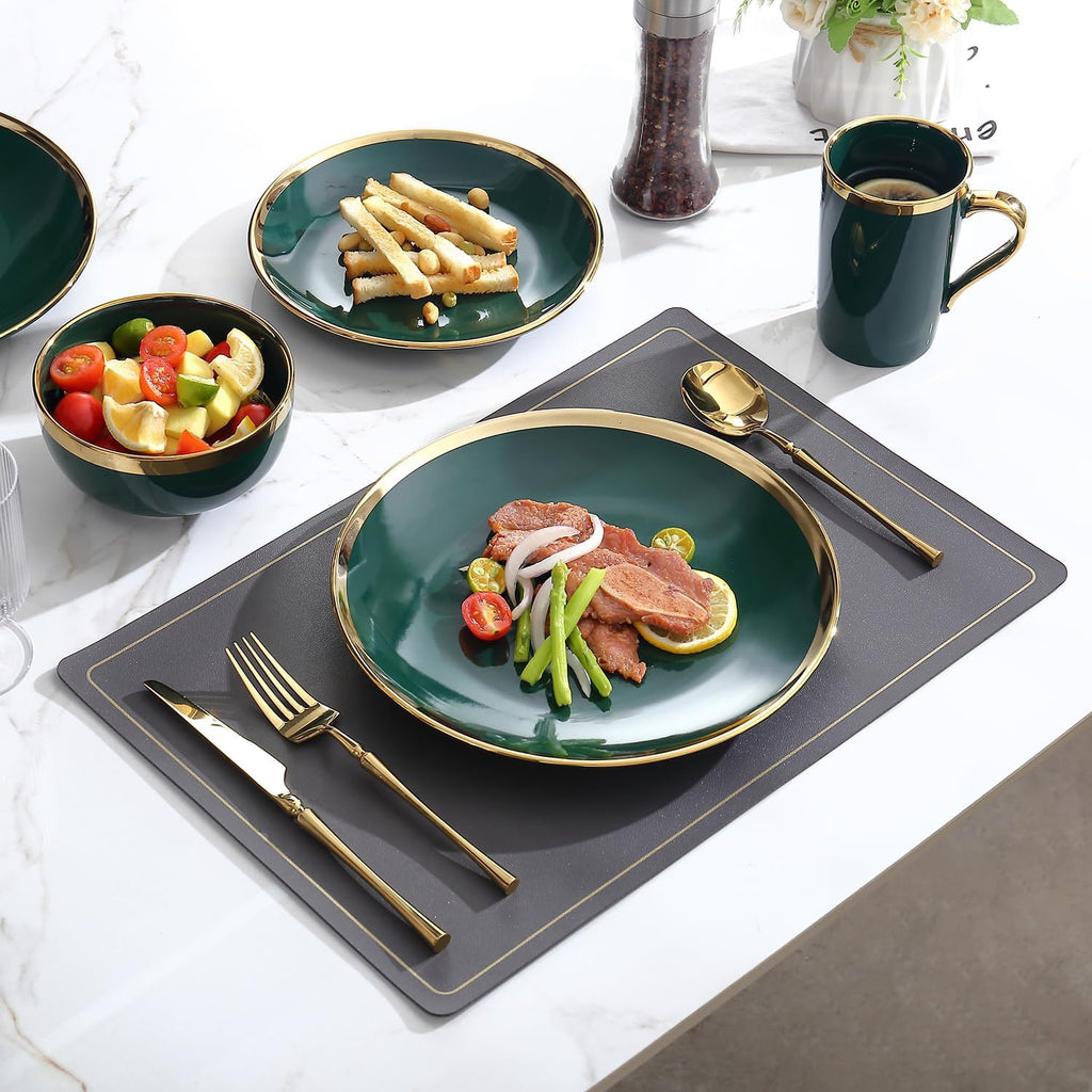 Modern 16 Piece Porcelain Green and Gold Dinnerware Set, Stoneware Dinnerware Sets for 4, Plates and Bowls Sets, Dish Set with Gold Trim,Dishes