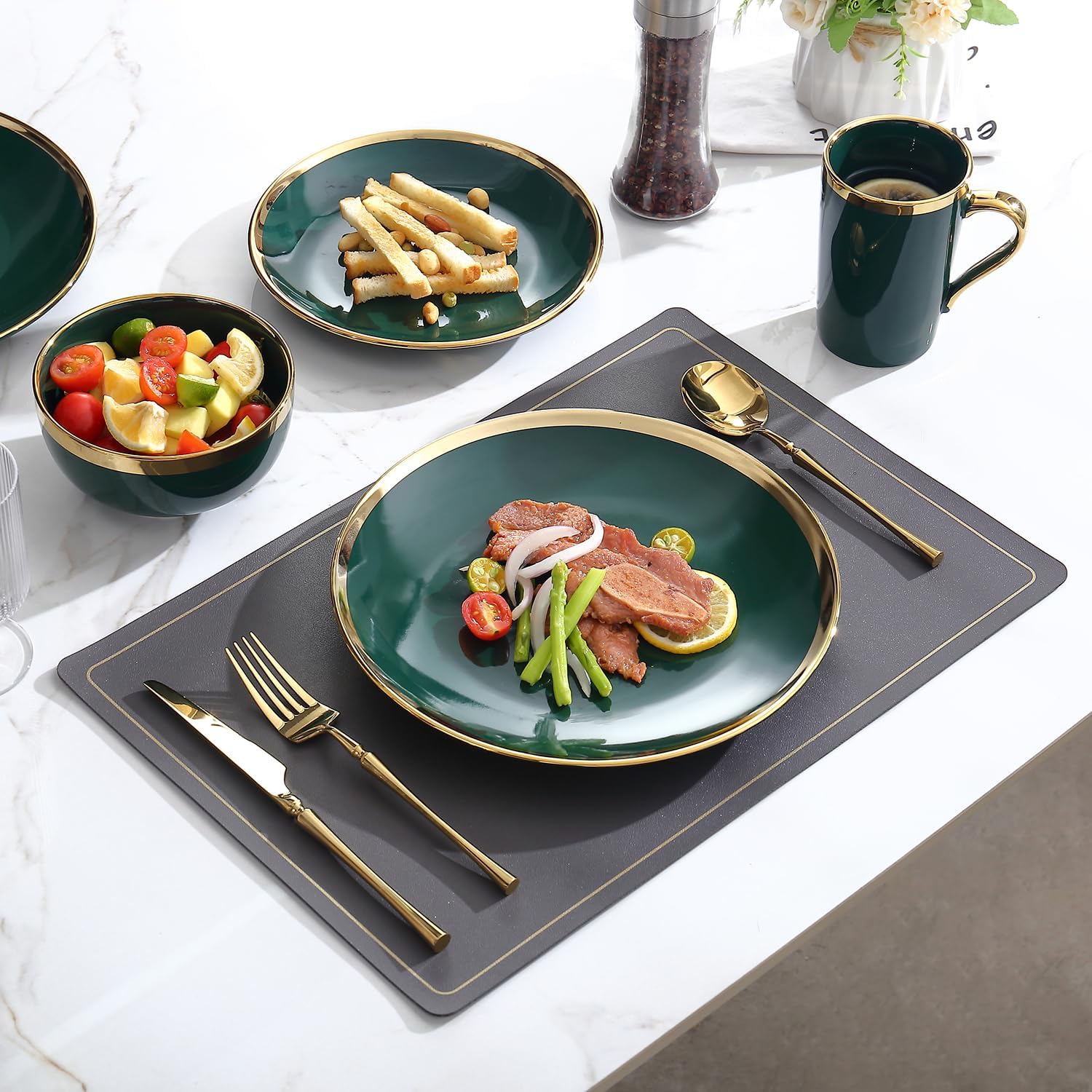 Modern 16 Piece Porcelain Green and Gold Dinnerware Set, Stoneware Dinnerware Sets for 4, Plates and Bowls Sets, Dish Set with Gold Trim,Dishes