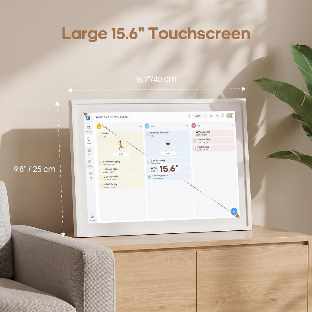 Fenbeli 15.6' Digital Calendar Wall Touch Screen, No Subscription Family Calendar with 6-App 2-Way Sync, Chore Chart Meal Planner Habit Tracker, Wi-Fi Schedule Display,Wall & Desk Mount