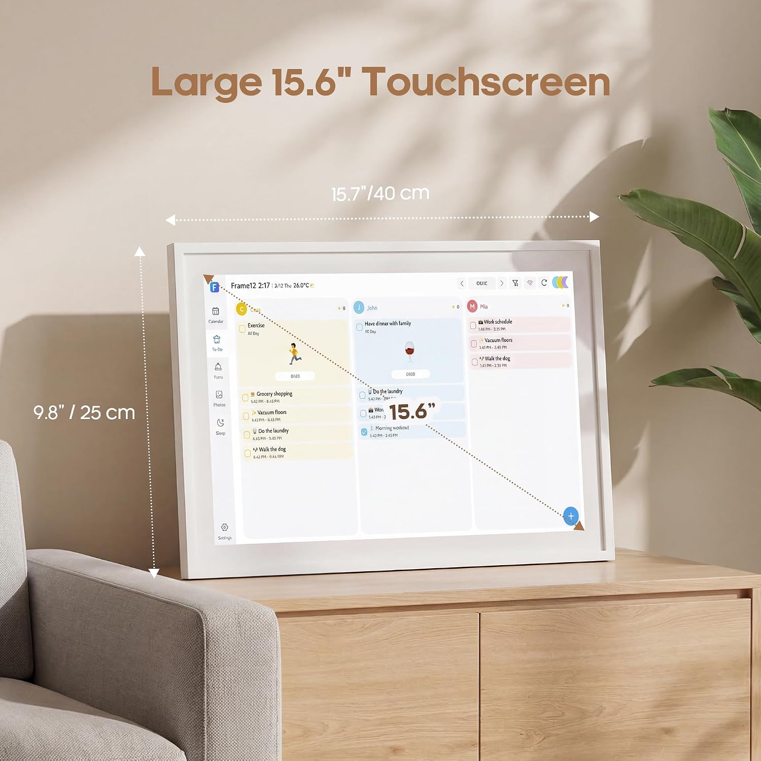 Fenbeli 15.6' Digital Calendar Wall Touch Screen, No Subscription Family Calendar with 6-App 2-Way Sync, Chore Chart Meal Planner Habit Tracker, Wi-Fi Schedule Display,Wall & Desk Mount