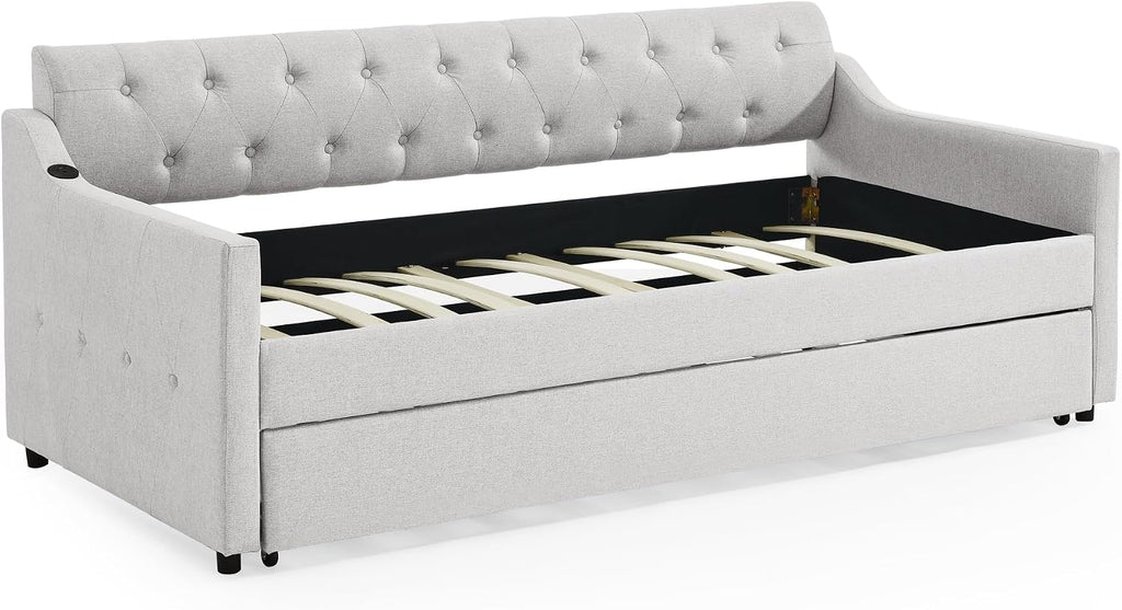 Ball & Cast Twin Size Daybed with Pop Up Trundle, Button Tufted Linen Sofa Day Bed Frame with USB Port,Twin to King Trundle Bed for Bedroom, Living Room, No Box Spring Needed,Beige