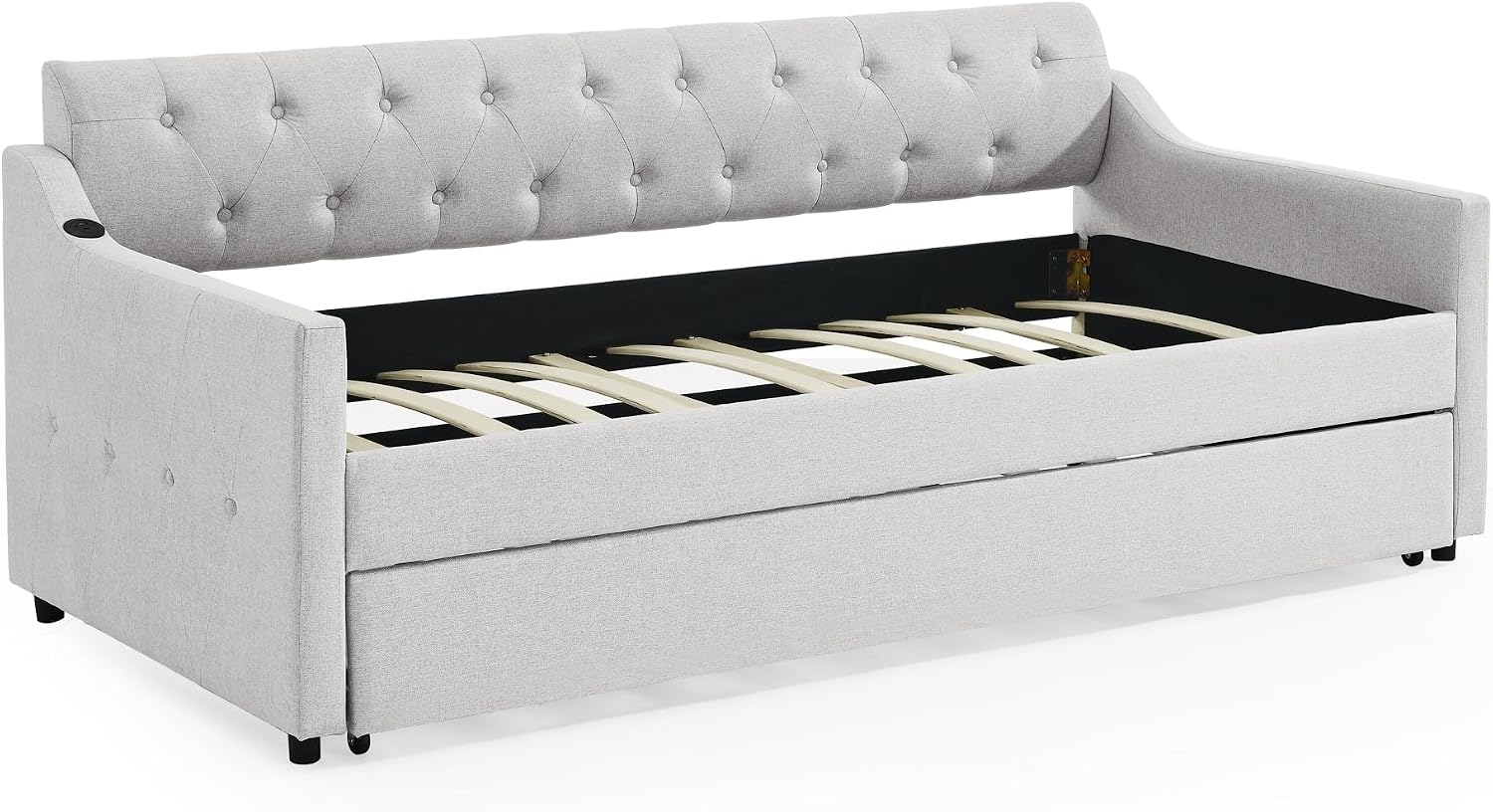 Ball & Cast Twin Size Daybed with Pop Up Trundle, Button Tufted Linen Sofa Day Bed Frame with USB Port,Twin to King Trundle Bed for Bedroom, Living Room, No Box Spring Needed,Beige