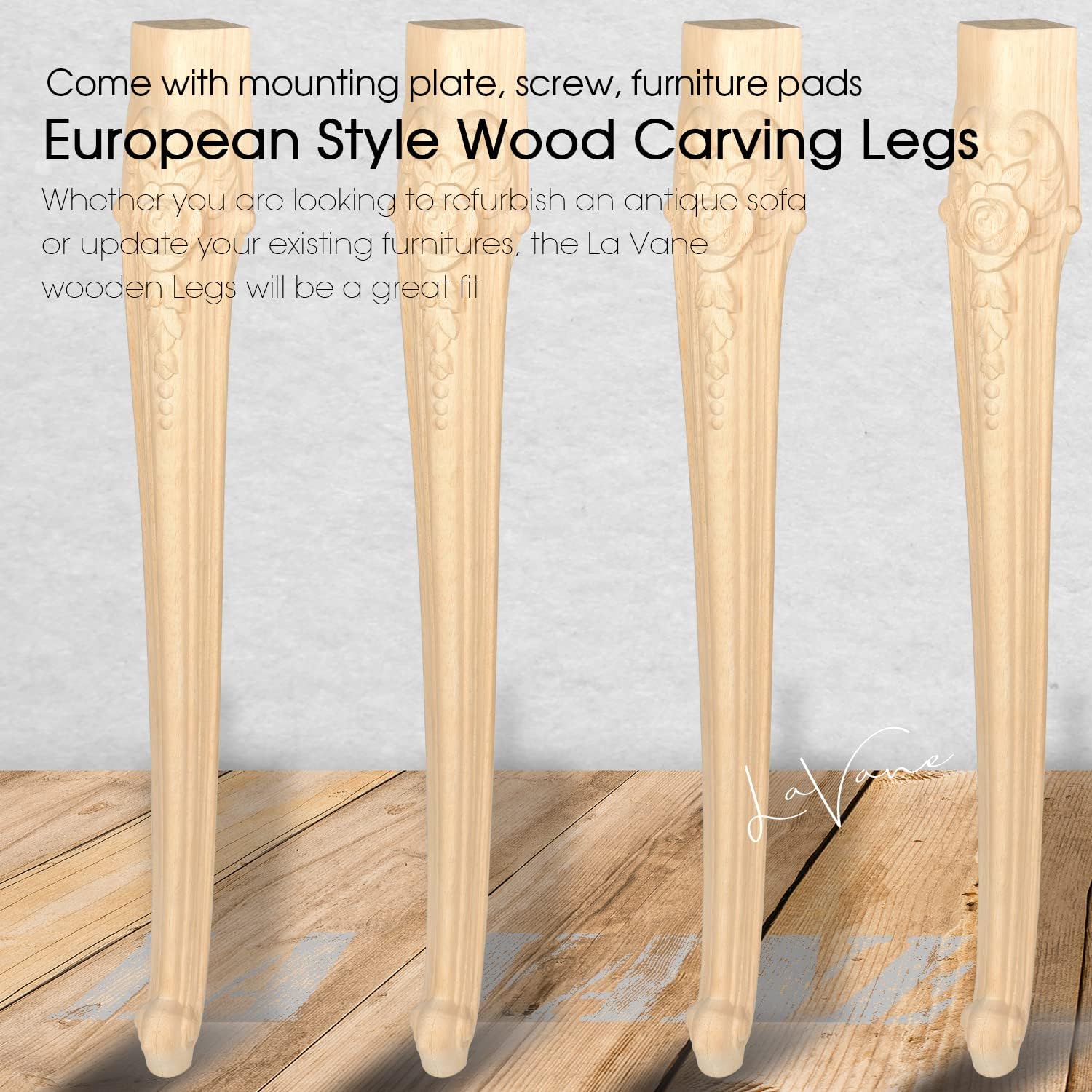 La Vane 30 inch / 75cm Wooden Furniture Legs, Set of 4 European Style Solid Wood Carving Unfinished Furniture Replacement Feet Decoration for Sofa Cabinet Wardrobe Table Loveseat