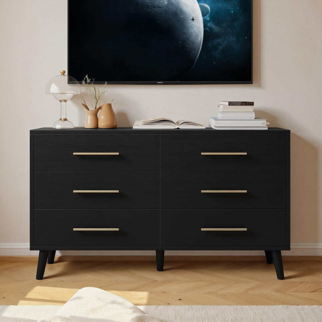 Ahomly 6 Drawer Dresser for Bedroom, Modern Dresser with Anti-Tip Kit, Ample Storage & Silent Gliding Slides, Wooden Chest of Drawers for Living Room, Entryway, Nursery, Black