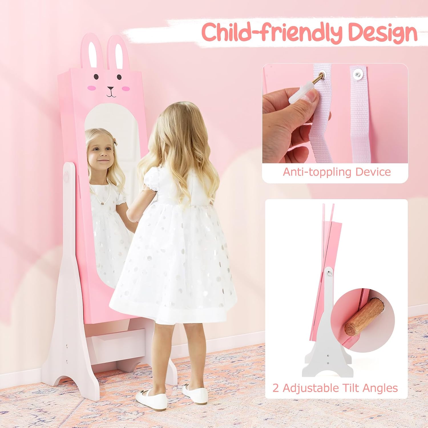 Costzon Kids Vanity Set & Jewelry Armoire Cabinet, Wooden Kids Vanity Table and Chair Set, Standing Jewelry Organizer with Full-Length Mirror, Kids Bedroom Furniture Set for Girls (Pink)