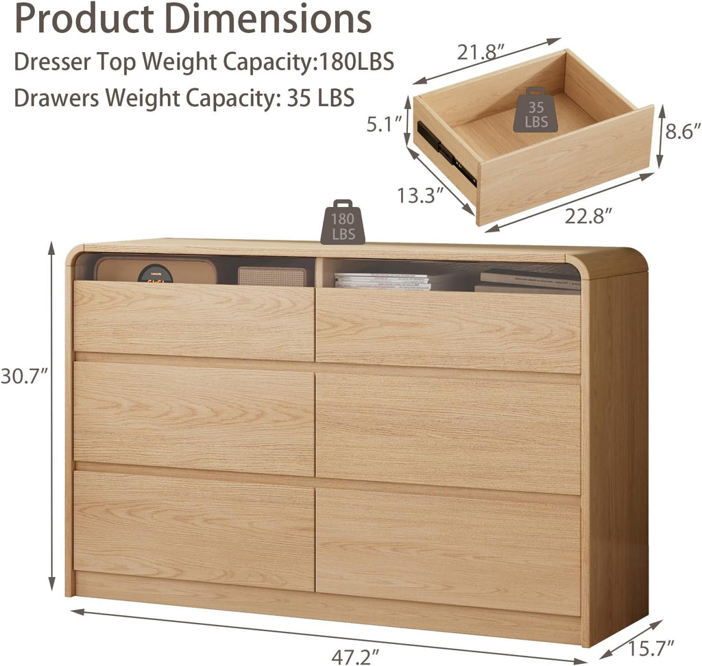 Ieejdn 47.2' Dresser with 6 Drawer, Wide Dresser with Recessed Glass Display & Silent Metal Rails, Handleless Chest of Drawers for Clothes, and Bedding, Oak