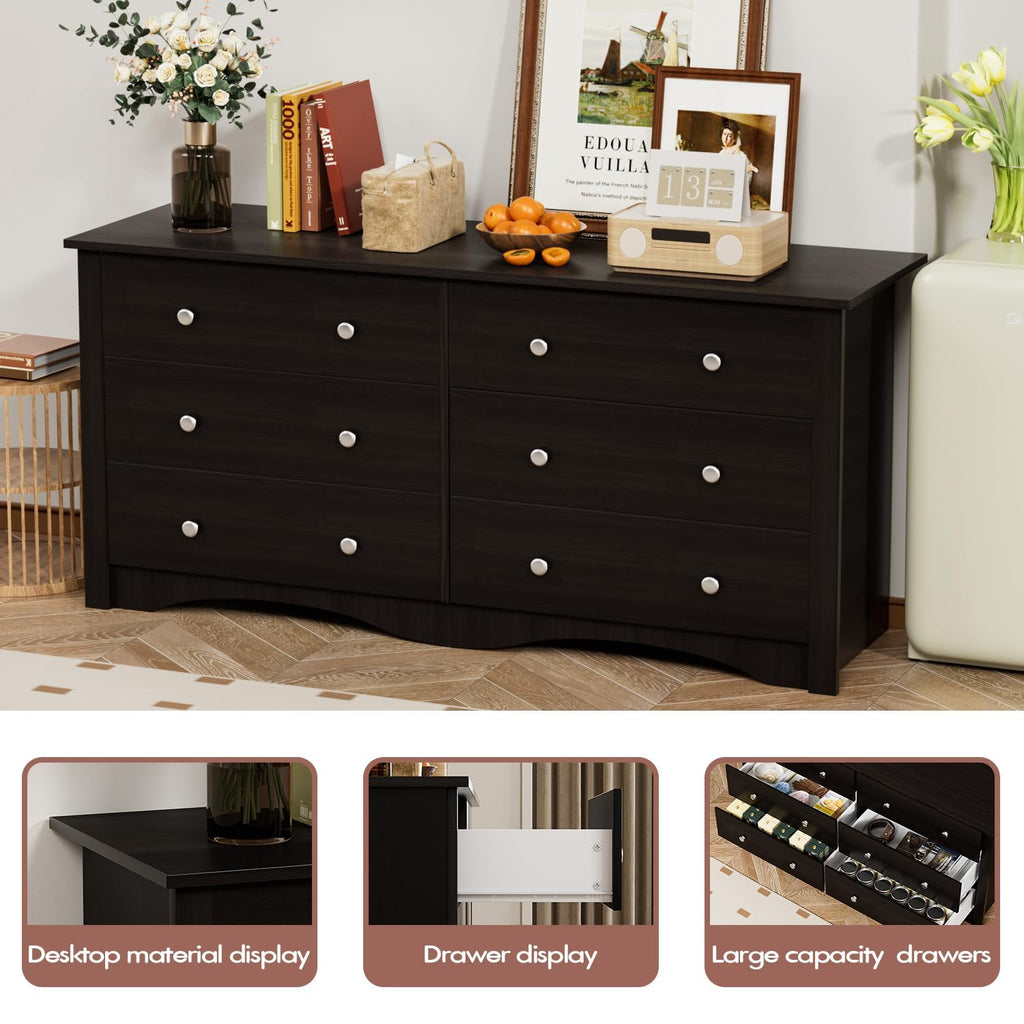 YESHOMY Dresser for Bedroom with 6 Drawers, 58' Wide Modern Chest of Drawers, Wooden Dresser, Storage Organizer for Living Room, Hallway, Deep Brown