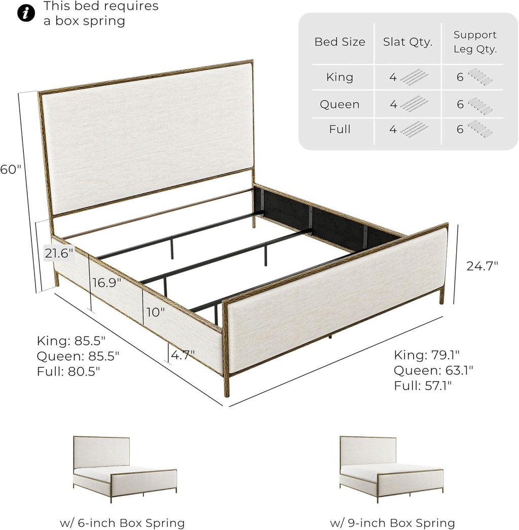 24/7 Shop at Home Lalia Hammered Metal 3-Piece Bedroom Collection, Upholstered Bed Frame with Beige Fabric Headboard, Forged Steel and 1-Shelf Nightstands, Foundation Required, Full, Matte Gold