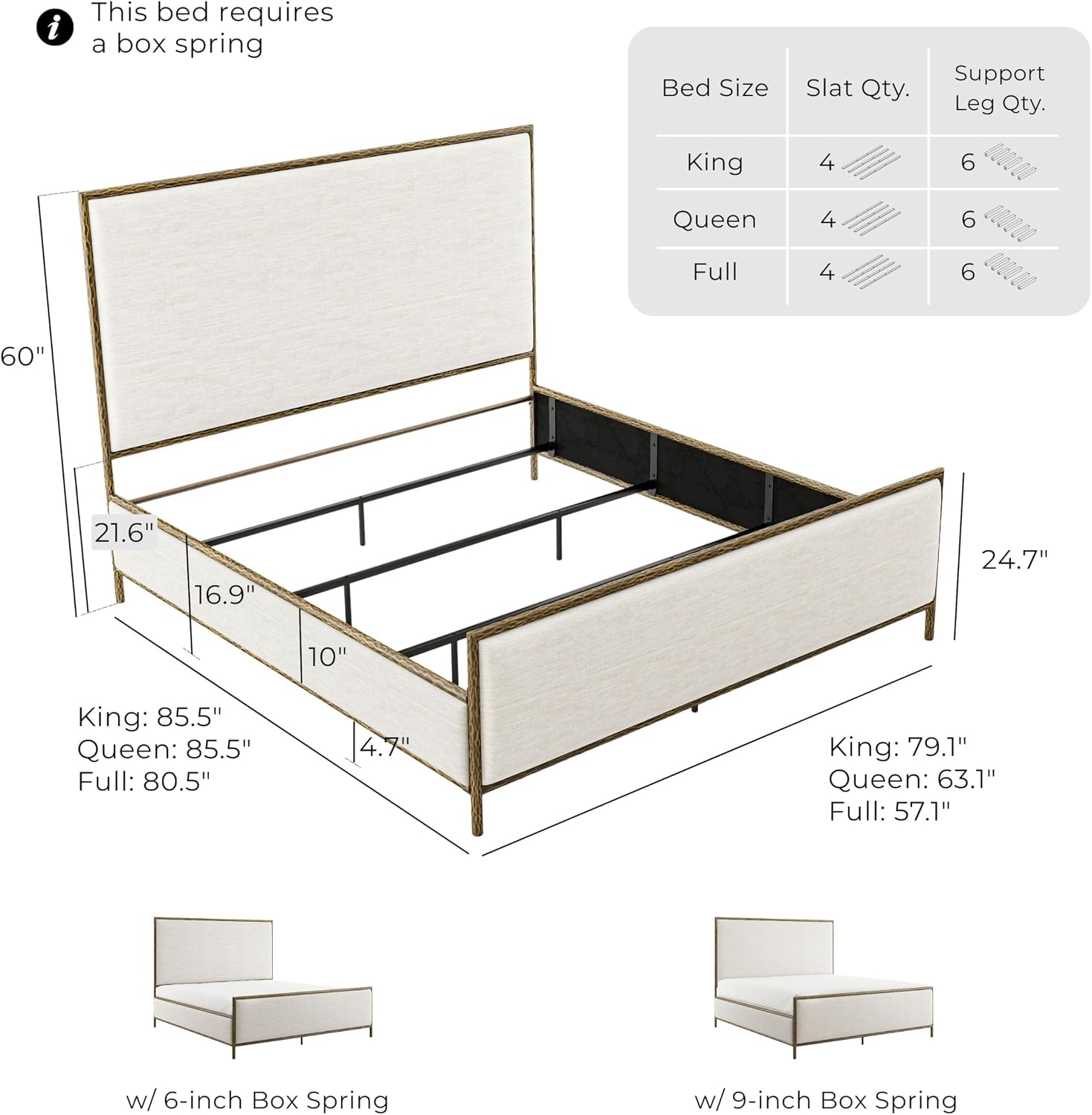 24/7 Shop at Home Lalia Hammered Metal 3-Piece Bedroom Collection, Upholstered Bed Frame with Beige Fabric Headboard, Forged Steel and 1-Shelf Nightstands, Foundation Required, Full, Matte Gold