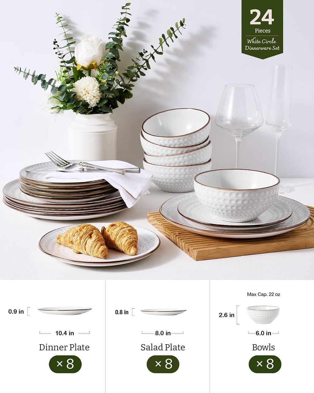 Famiware Eden Embossed Plates and Bowls Sets, Stoneware Dinnerware with Gold Trim, 24-Piece Luxury Dishes for 8, Everyday & Formal Use, Chip/Scratch Resistant, Microwave/Dishwasher Safe, White Circle