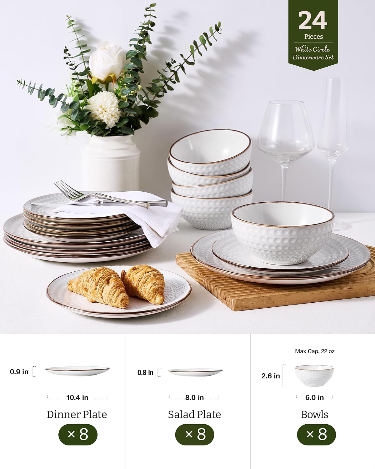 Famiware Eden Embossed Plates and Bowls Sets, Stoneware Dinnerware with Gold Trim, 24-Piece Luxury Dishes for 8, Everyday & Formal Use, Chip/Scratch Resistant, Microwave/Dishwasher Safe, White Circle
