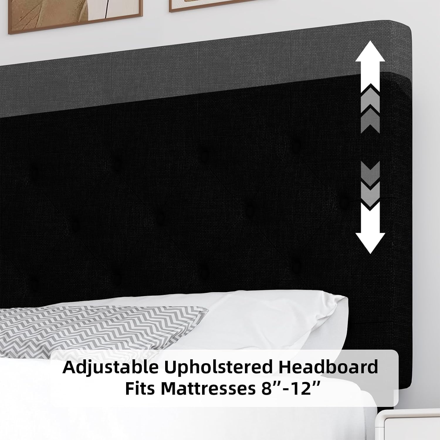 HOMBCK King Size Bed Frame, Linen Fabric Upholstered Bed Frame King Size with Headboard, Wood Slats Support, Button Tufted Design, No Box Spring Needed, Black