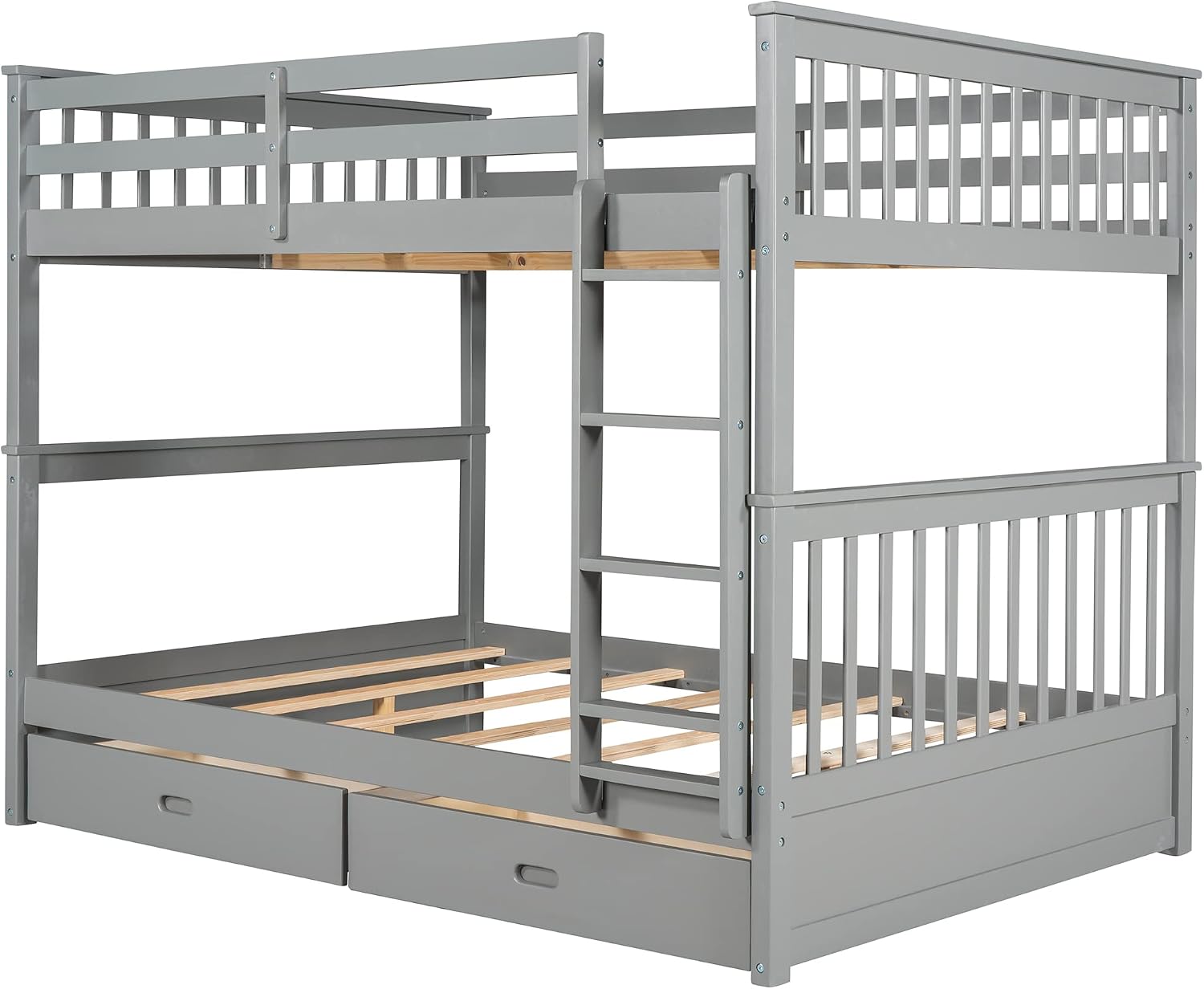 Merax Wood Bunk Bed with Drawers,Convertible Wood Bunk Bed with Ladders and Two Storage Drawers,Solid Wood Detachable Bed Frame with Ladders,Full Over Full,Grey