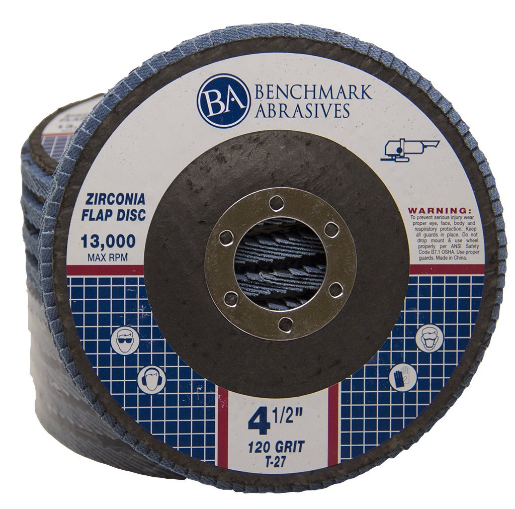 Benchmark Abrasives 4.5' x 7/8' Premium Zirconia T27 Flat Flap Discs 4 1/2 for Angle Grinder Sanding Discs, Finishing Grinding Wheels 4 1/2 Inch for Sanding Stock Rust Removal (100 Pack) - 120 Grit