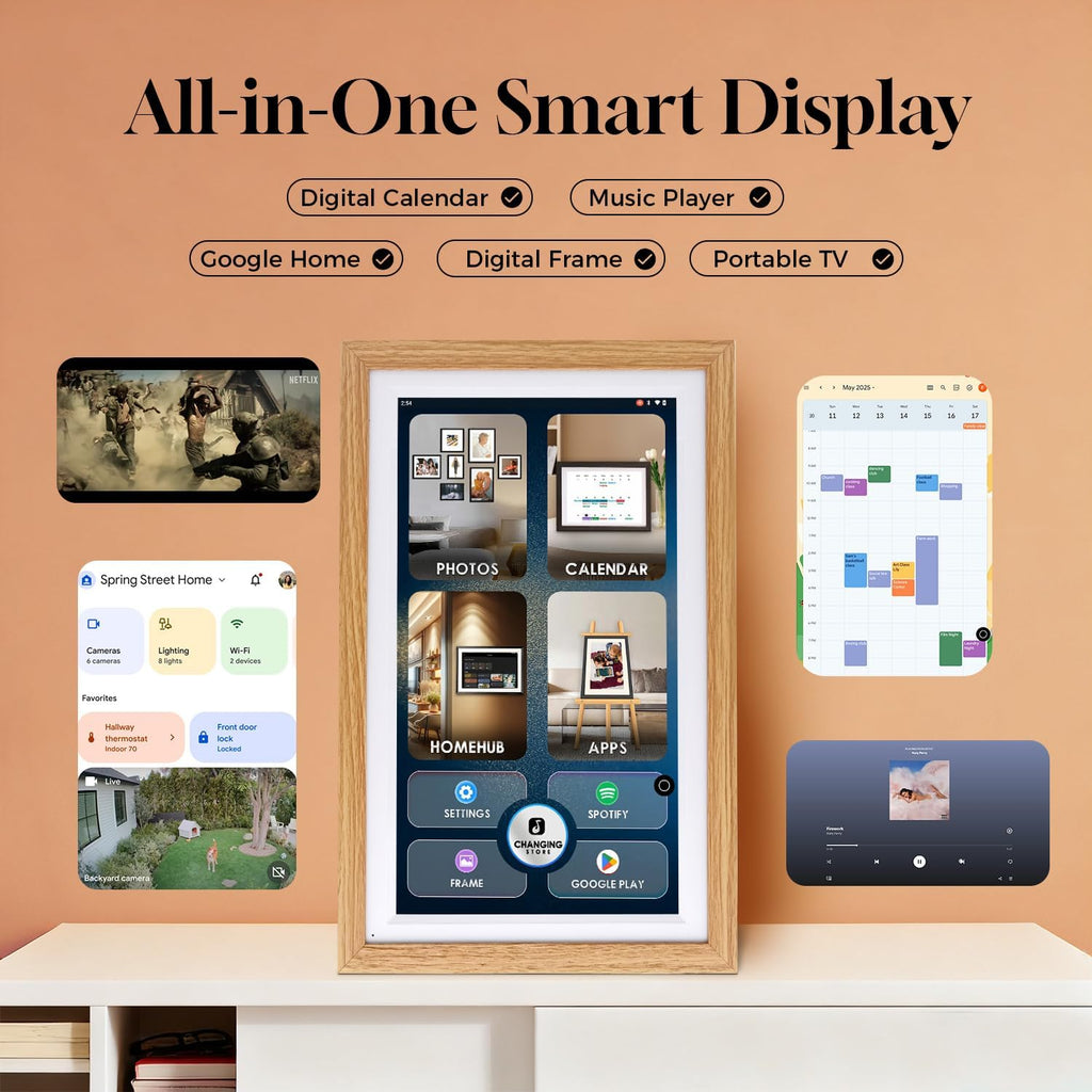15.6' Digital Google Calendar,Android Apps,All-in-one,No Subscription,Oak | Anti-glare FHD touchscreen,Photo Frame,Android Apps,Built-in Battery,Stylus pen,Voice Assistant,Home Hub,Streaming,Wall&Desk