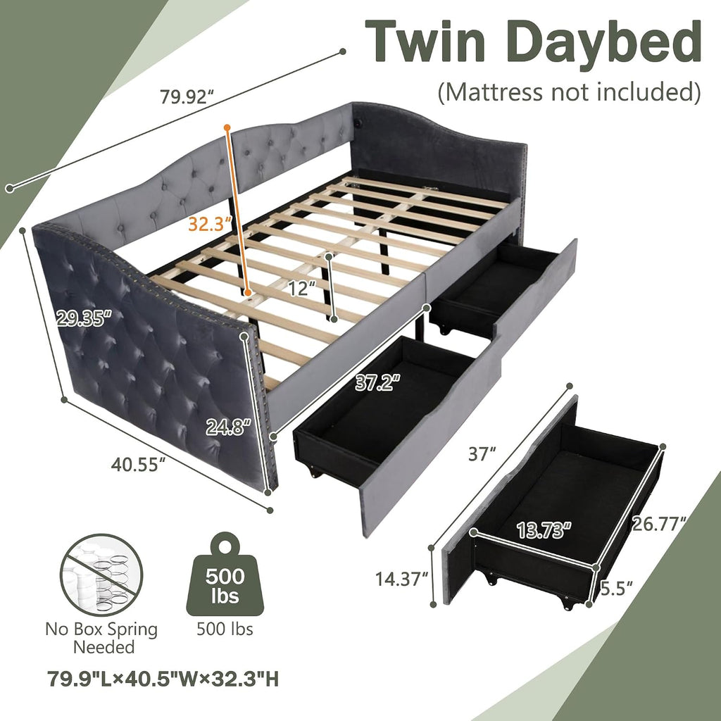 Twin Size Daybed with Storage Drawers, Upholstered Daybed with 2 USB Ports, Sturdy Metal and Wood Frame,Day Bed for Bedroom, No Box Spring Needed, Grey