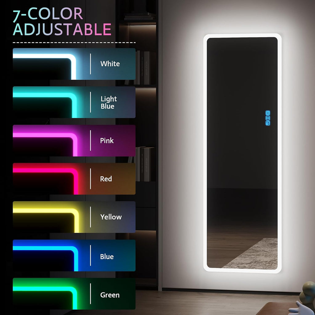 Vlsrka 47x16 Full Length Mirror with RGB Lights, LED Over The Door Lighted Mirror Full Body, 7 Color Dimming Lighting & 7 Dynamic Mode, Door Hanging/Wall-Mounted (Gift Box Design)