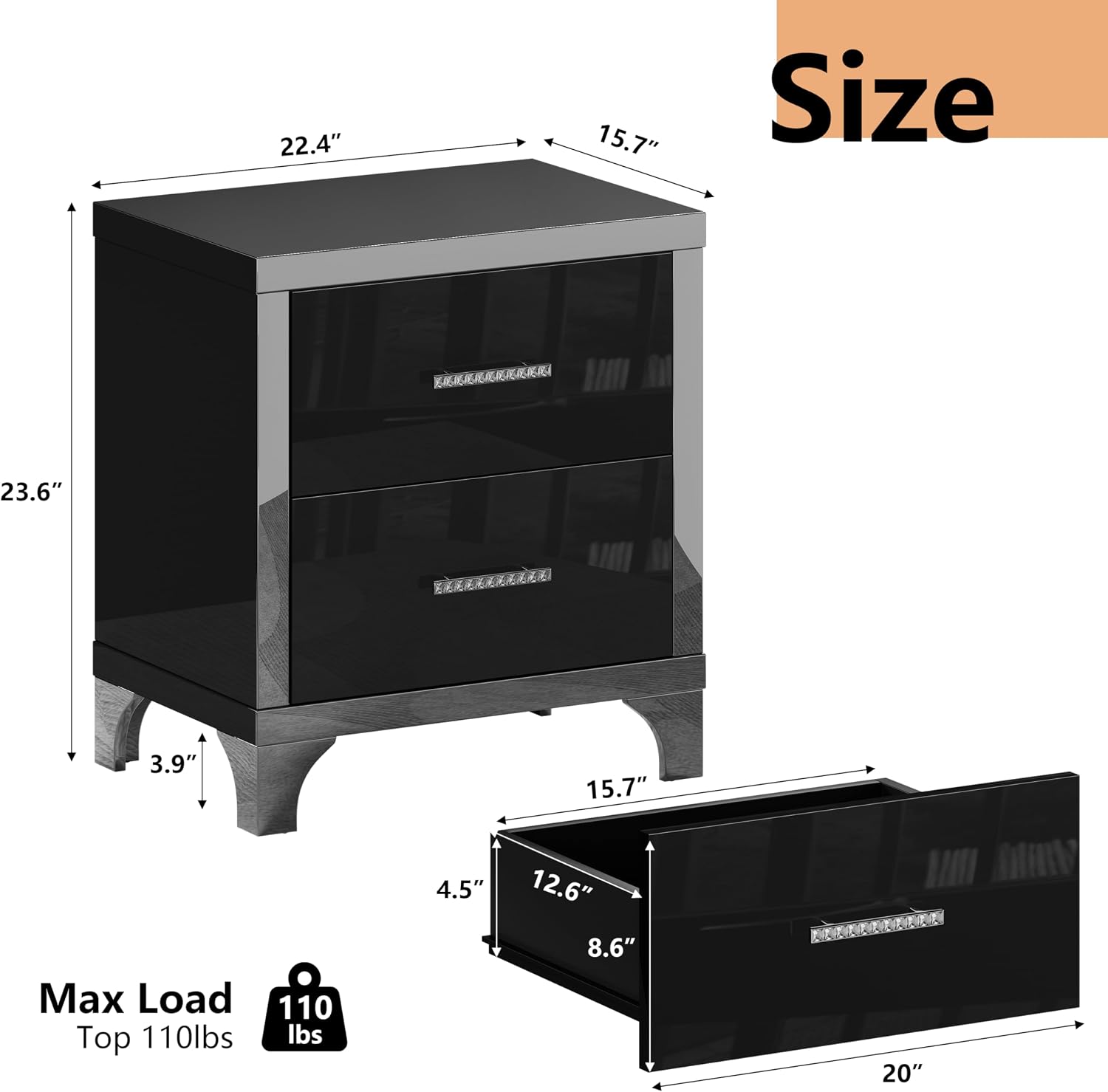 Henf Modern Black Nightstand Set of 2 for Bedroom, Elegant High Gloss 2 Drawer Night Stand with Silver Mirrored Legs, Small Wood End Table Sofa Side Table for Living Room Bedroom Apartment (Black)