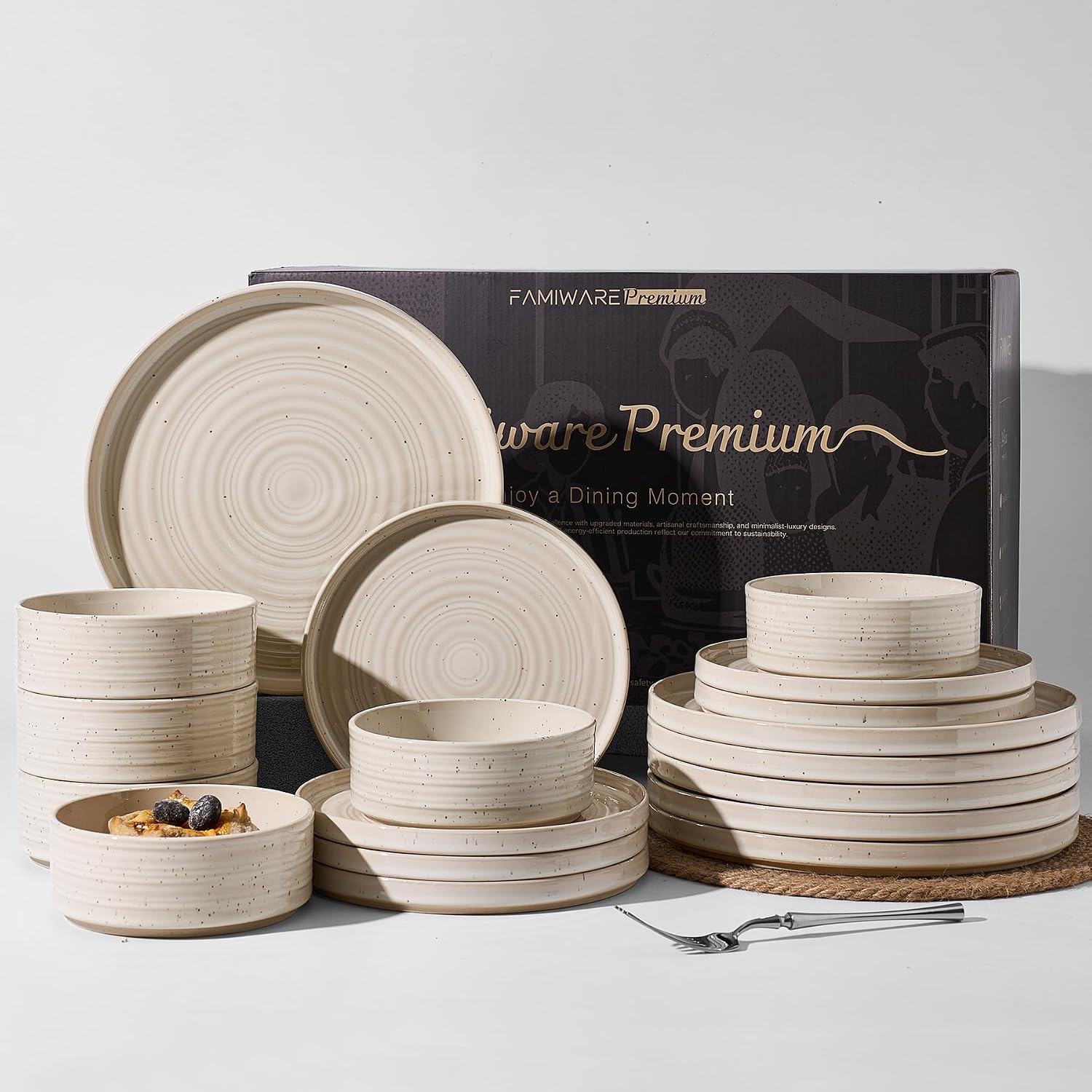 18-Piece Stoneware Dinnerware Set – High Edge Plates and Bowls with Reactive Glaze, Speckles & Spirals, Scratch Resistant Dishes, Dishwasher Safe, Service for 6, Gift Box, Shell Beige