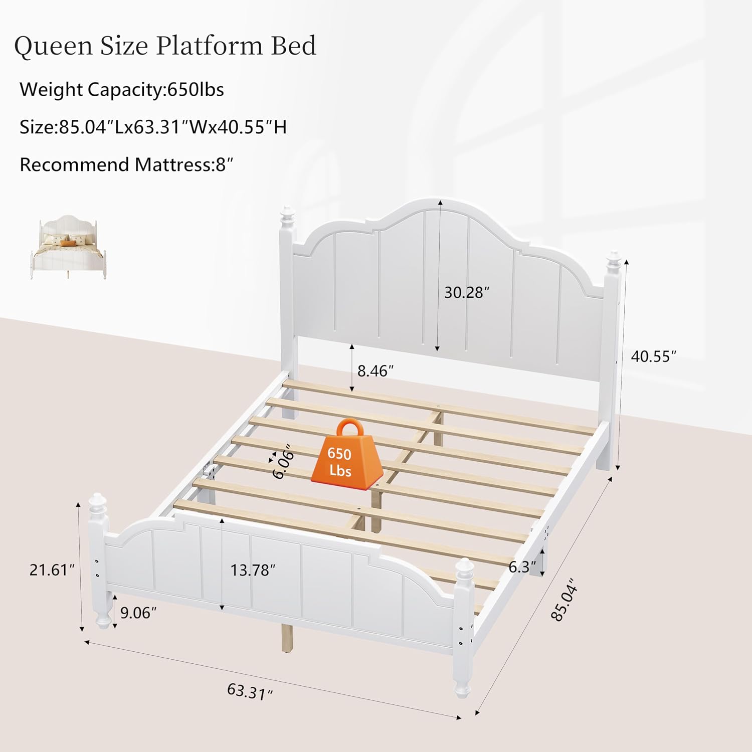 JIVOIT Vintage Wooden Bed Frame, Queen Size Platform Bed with Wide Headboard, Wood Slats Support, No Spring Box Needed, Easy Assembly (White-Queen,2)