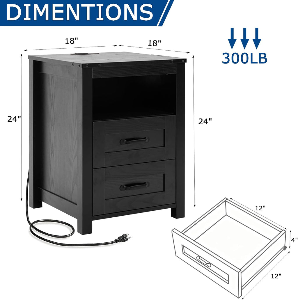Farmhouse Night Stand Set of 2, Rustic Black Nightstand for Bedroom, End Tables with Charging Station, Bedside Table with Drawers, Wood Bedside Cabinet Dresser