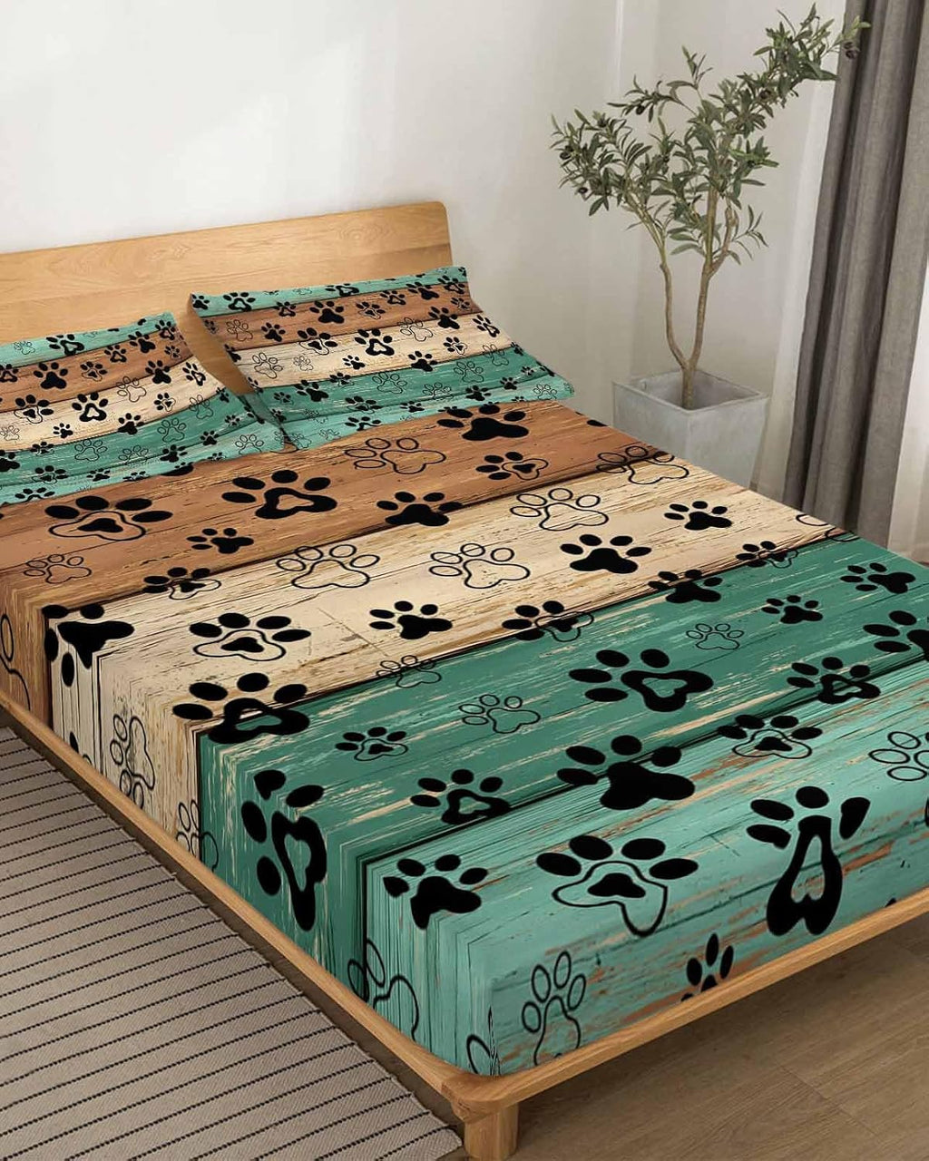 Teal Green Brown Cal King Sheet Set 4 Piece Bedding - Farmhouse Dog Paw Vintage Breathable Comfy Cooling Bed Sheets & Pillowcase Sets, Hotel Luxury Flat Sheets Deep Pockets Fitted Sheet for Women Men